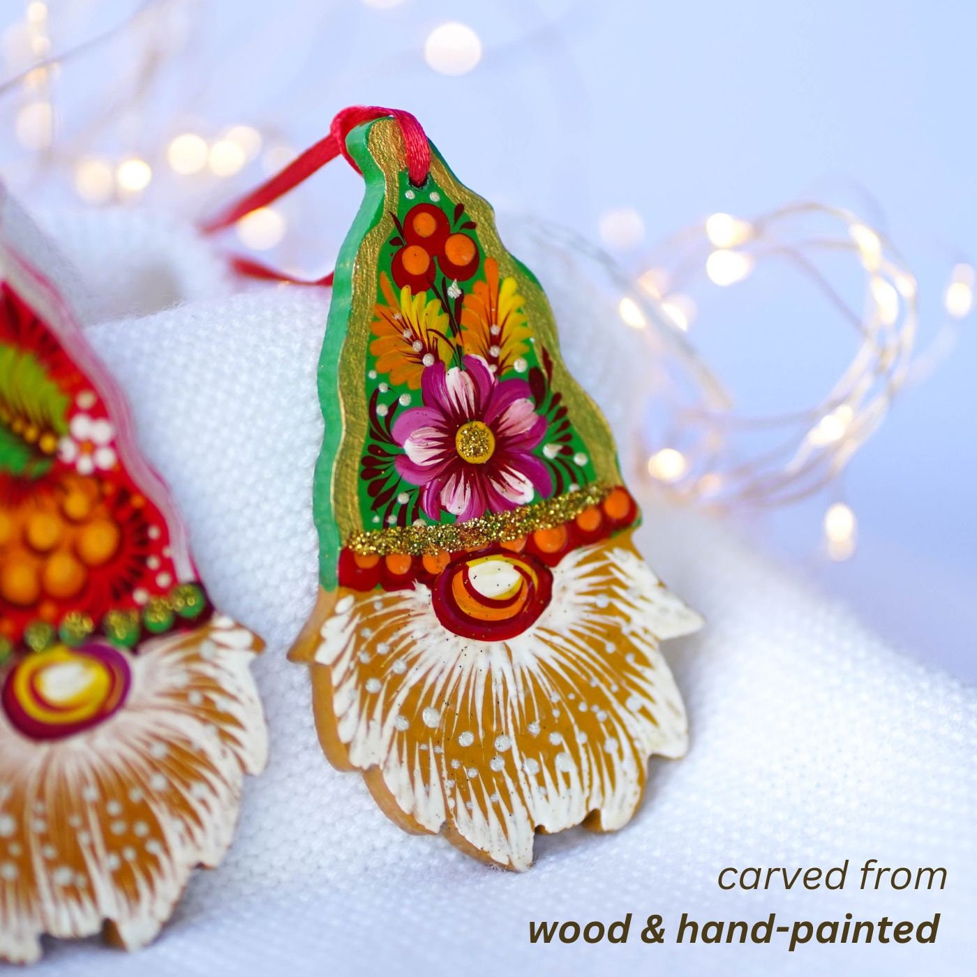 Set of 3 Gnome Ornaments Hand-painted with Petrykivka art, Gift-wrapped