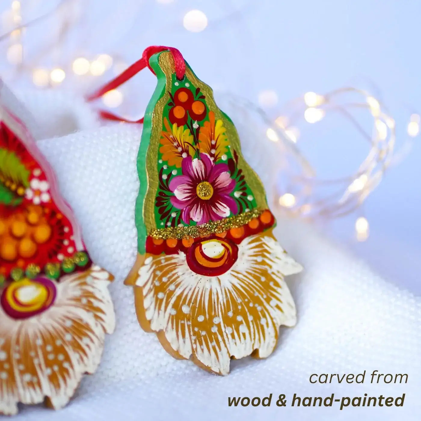 Set of 3 Gnome Ornaments Hand-painted with Petrykivka art, Gift-wrapped