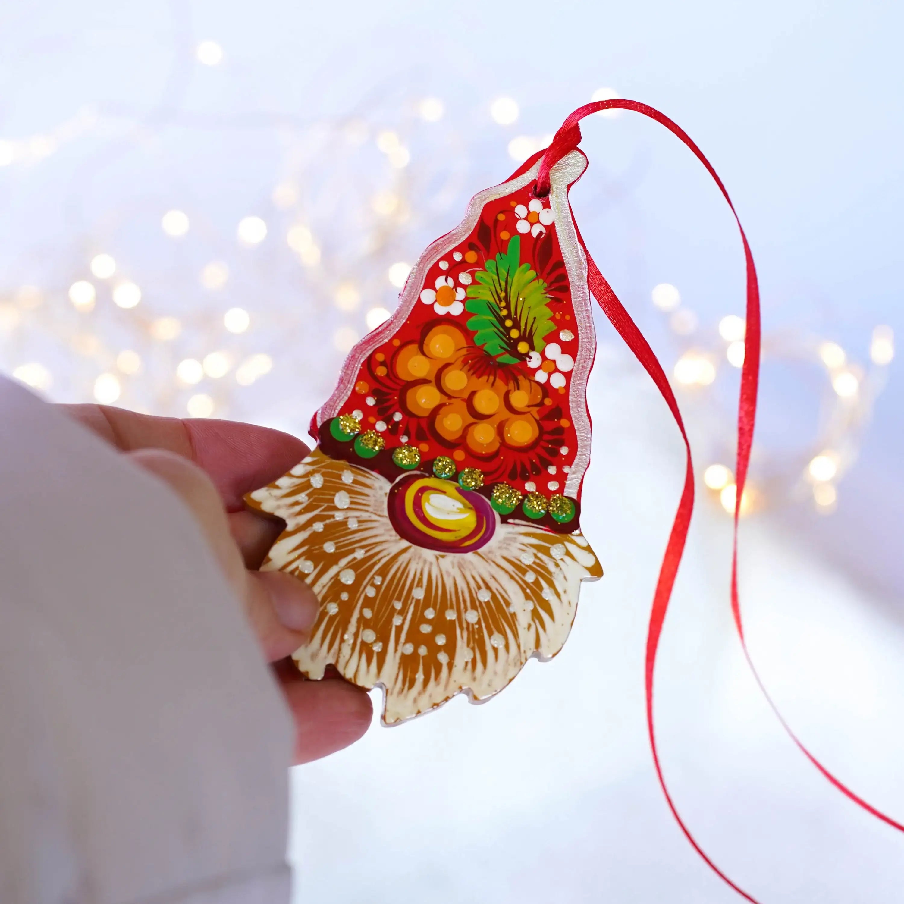 Set of 3 Gnome Ornaments Hand-painted with Petrykivka art, Gift-wrapped