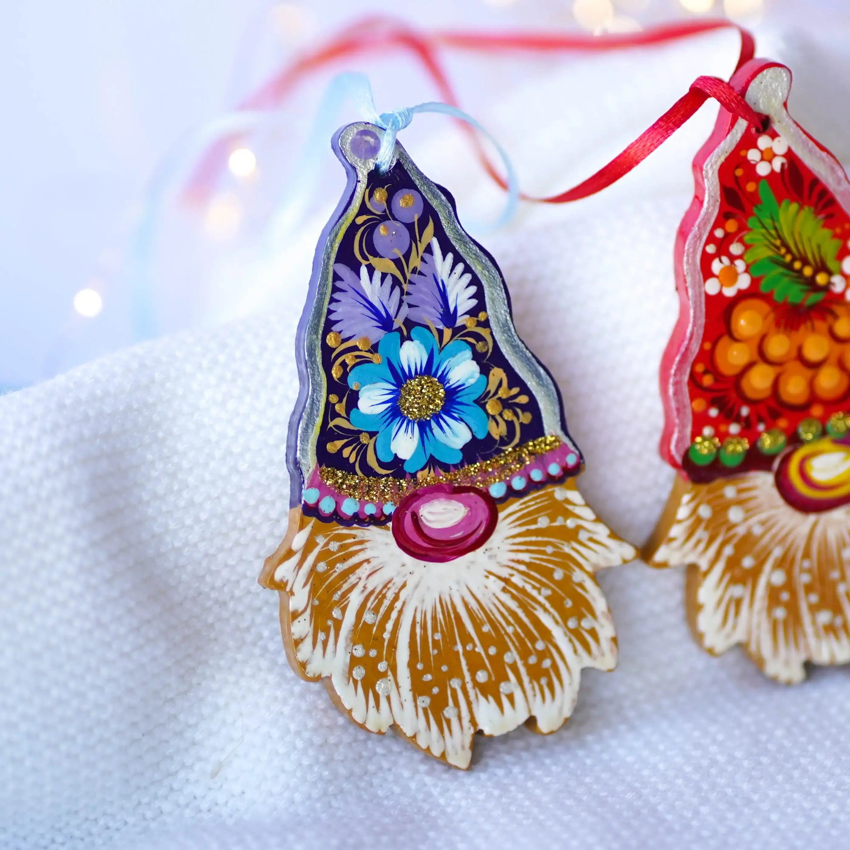 Set of 3 Gnome Ornaments Hand-painted with Petrykivka art, Gift-wrapped