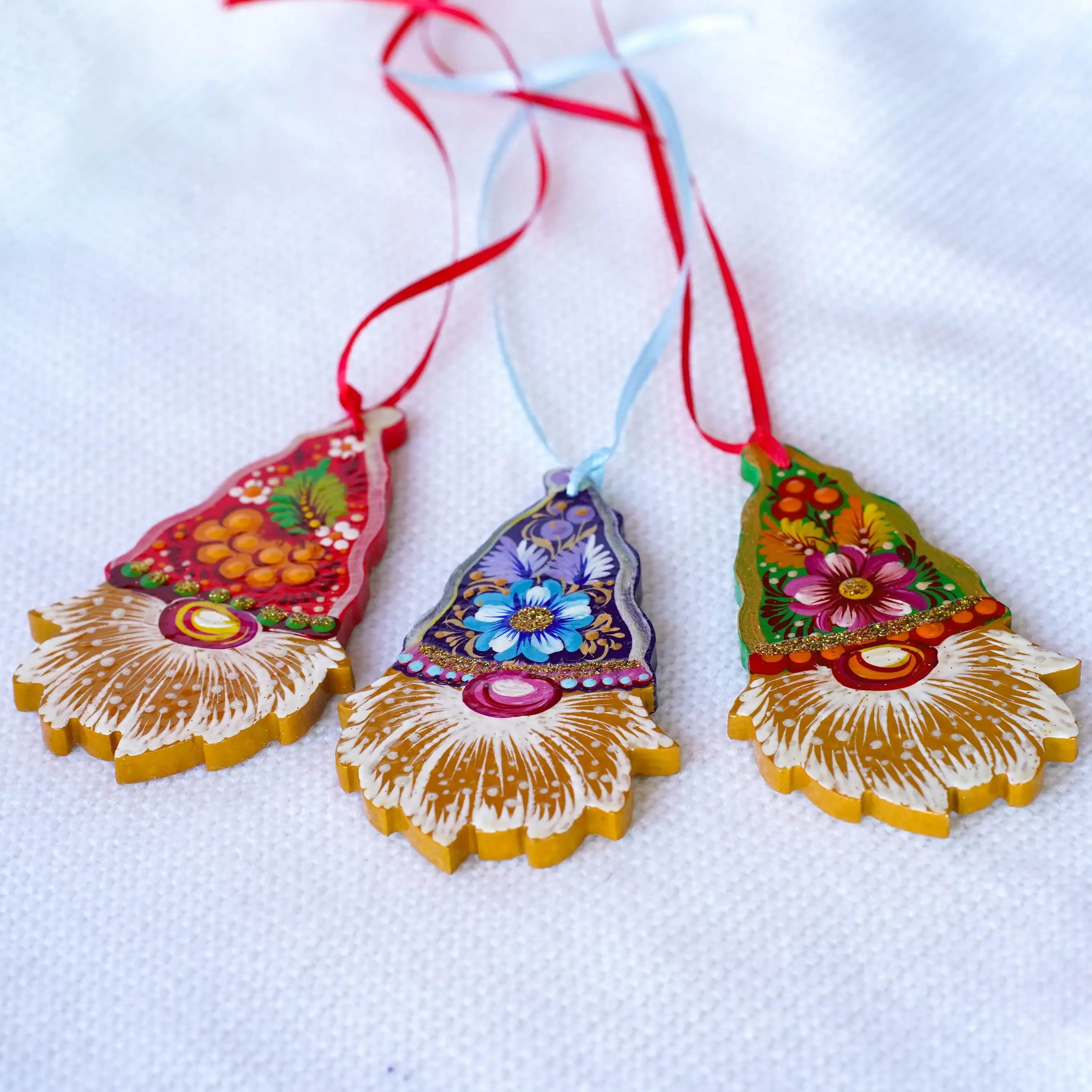 Set of 3 Gnome Ornaments Hand-painted with Petrykivka art, Gift-wrapped