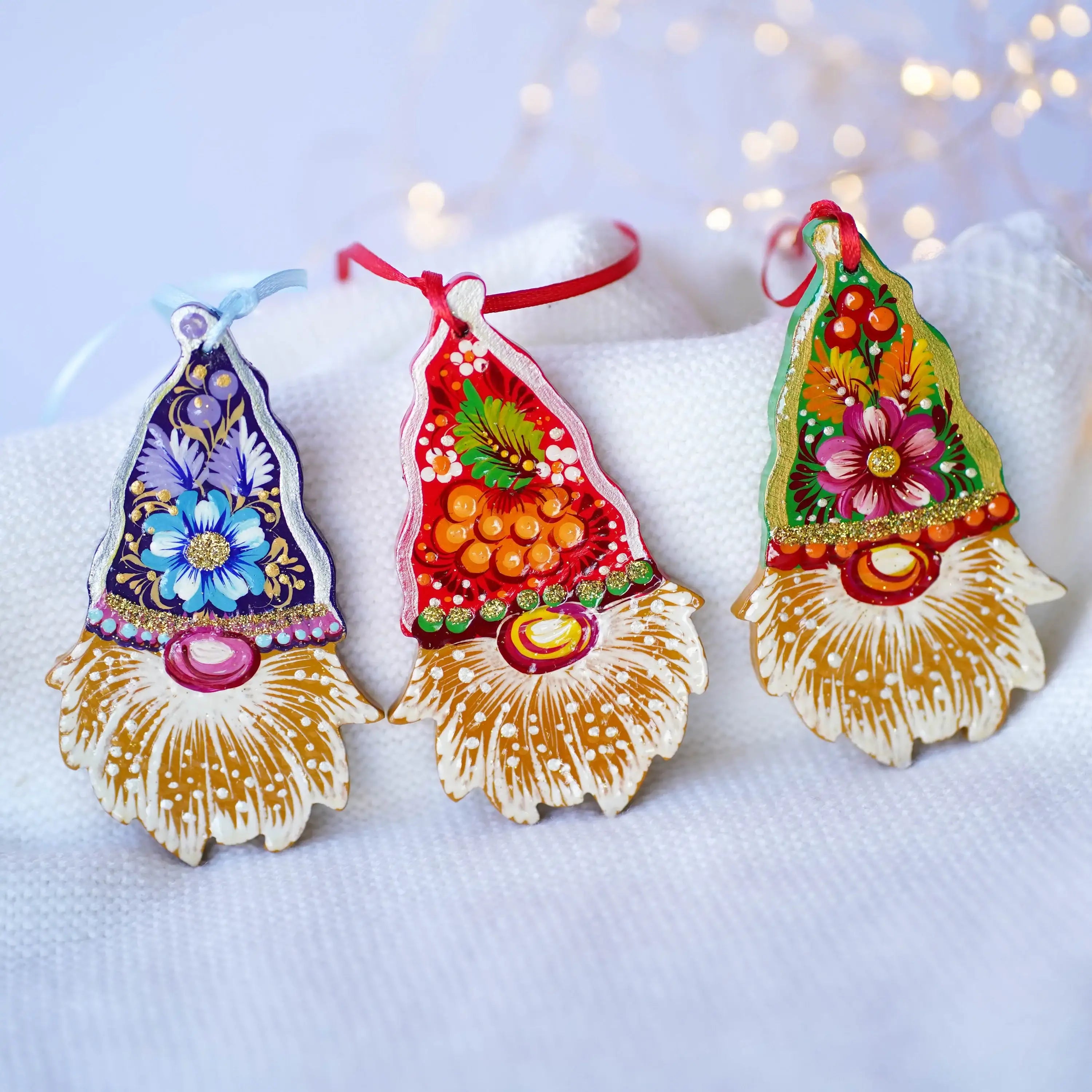 Set of 3 Gnome Ornaments Hand-painted with Petrykivka art, Gift-wrapped