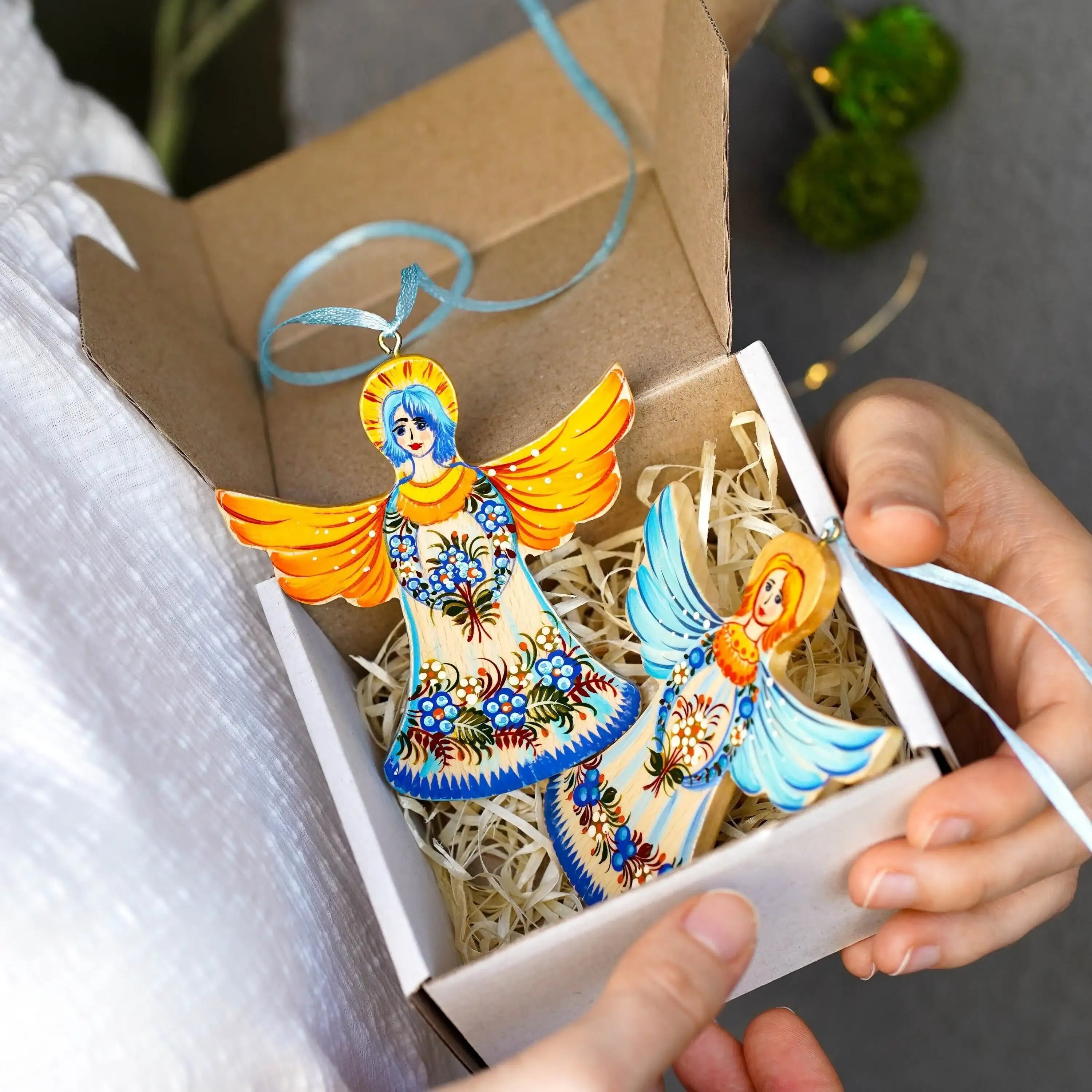 Set of 2 Angel Ornaments Hand-painted & Gift-wrapped