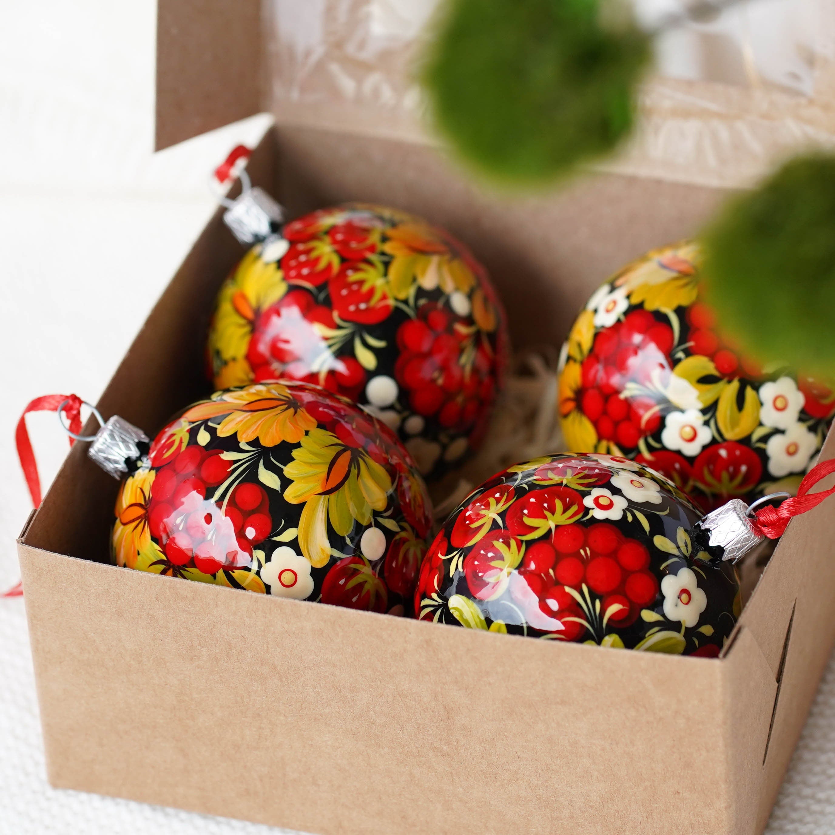 Painted Set of 4 Red Flower Ukrainian Christmas Ball Ornaments 2.4 in - Unique Handmade Christmas Tree Decorations, Petrykivka Art