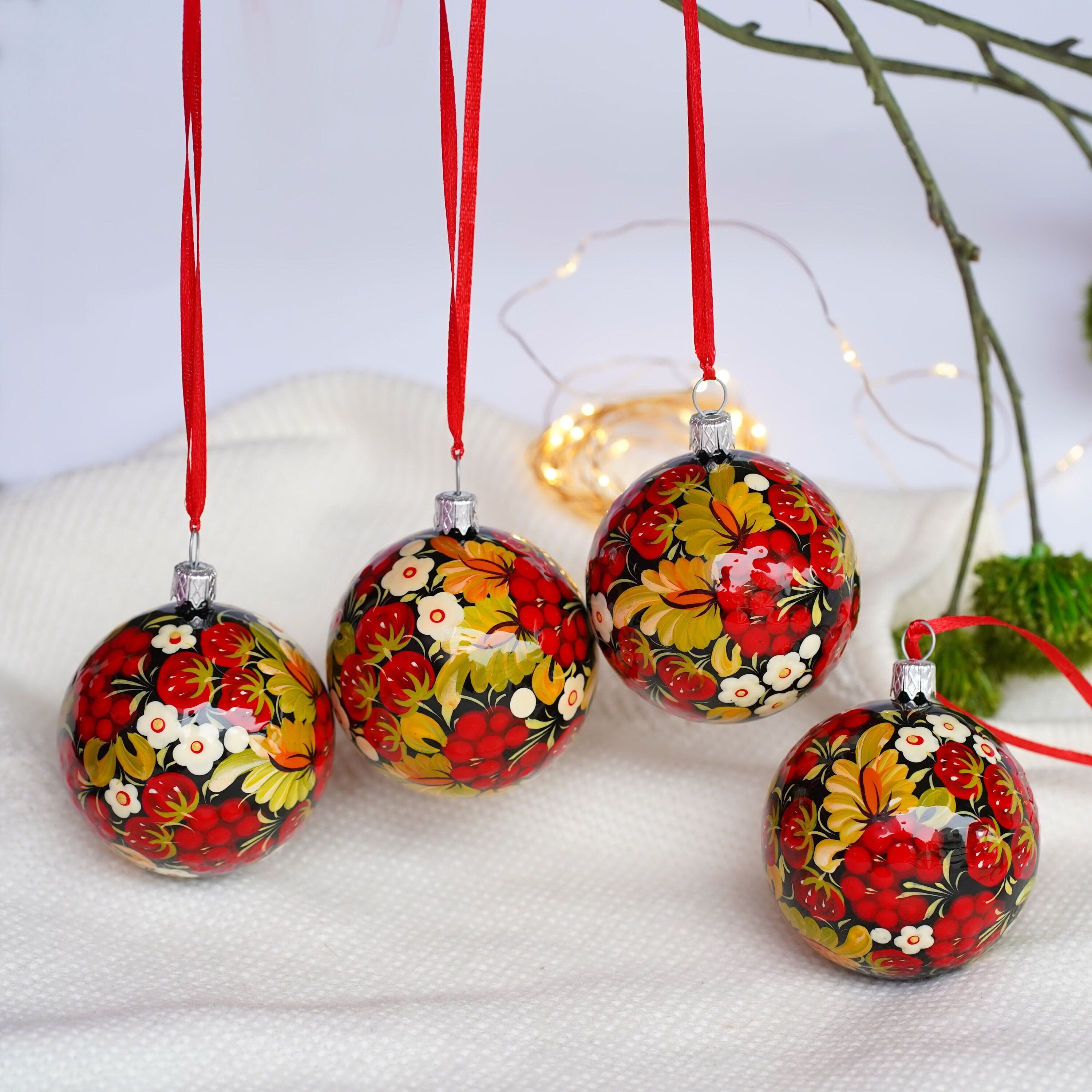 Painted Set of 4 Red Flower Ukrainian Christmas Ball Ornaments 2.4 in - Unique Handmade Christmas Tree Decorations, Petrykivka Art