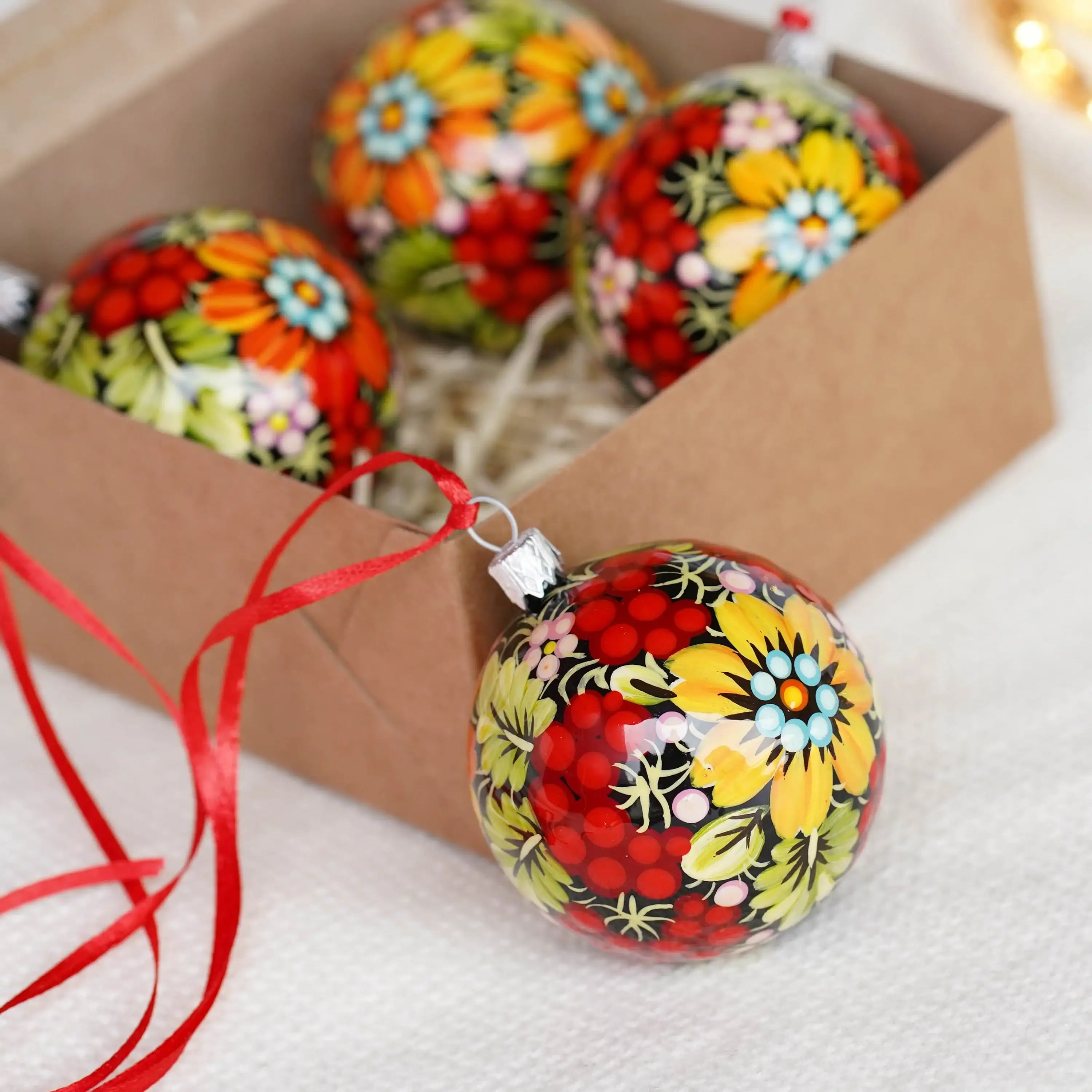 Hand-painted Set of 4 Red Flower Petrykivka Christmas Ball Ornaments 2.4 in, Gift-wrapped