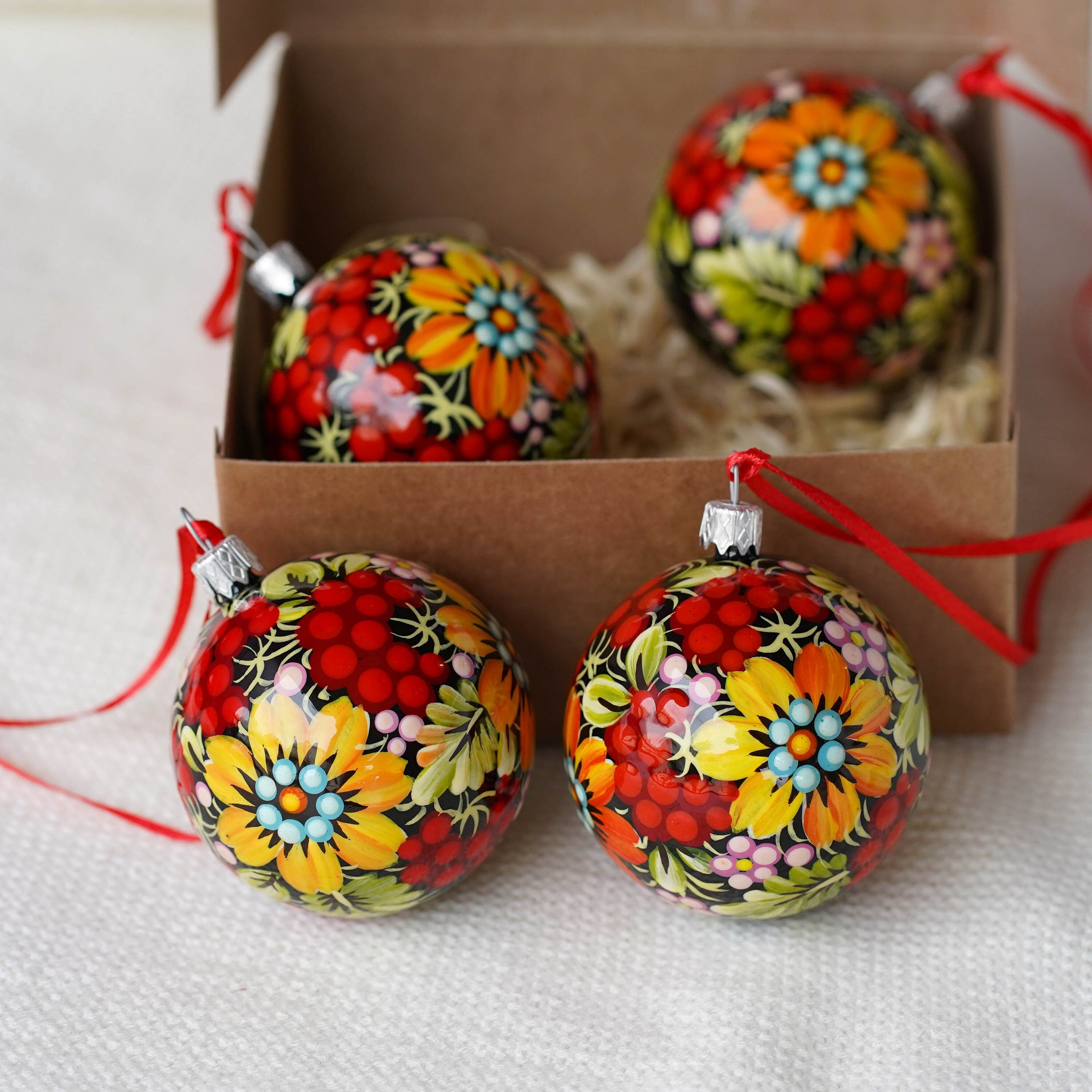 Hand-painted Set of 4 Red Flower Petrykivka Christmas Ball Ornaments 2.4 in, Gift-wrapped
