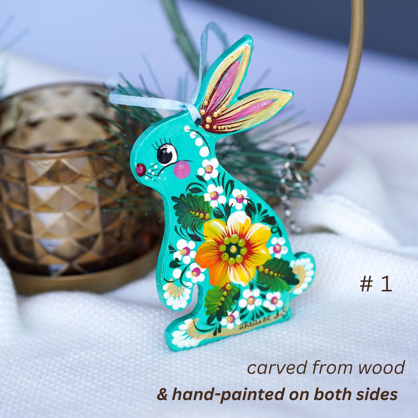 Painted Wooden Easter Bunny Ukrainian Ornament
