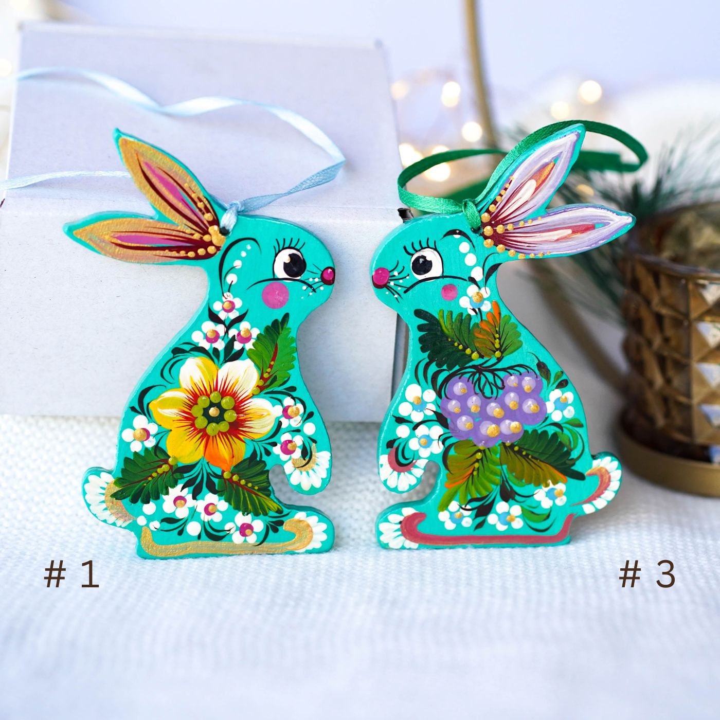 Painted Sunflower Bunny Ornament - Turquoise Wooden Ukrainian Ornament