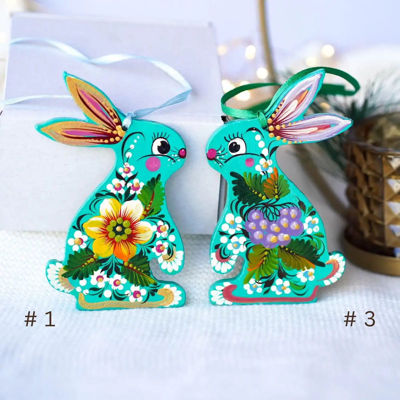Painted Sunflower Bunny Ornament - Turquoise Wooden Ukrainian Ornament