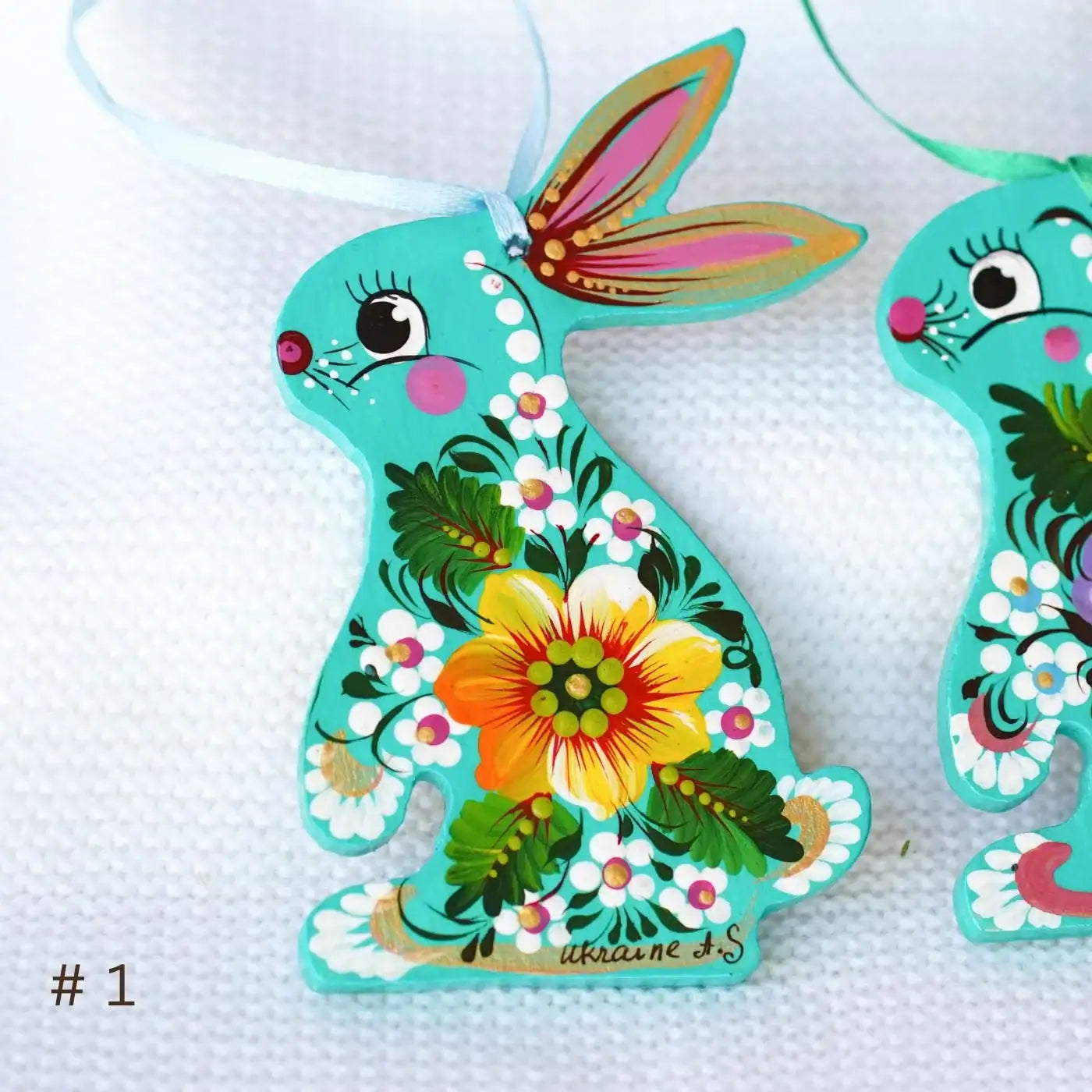 Painted Sunflower Bunny Ornament - Turquoise Wooden Ukrainian Ornament