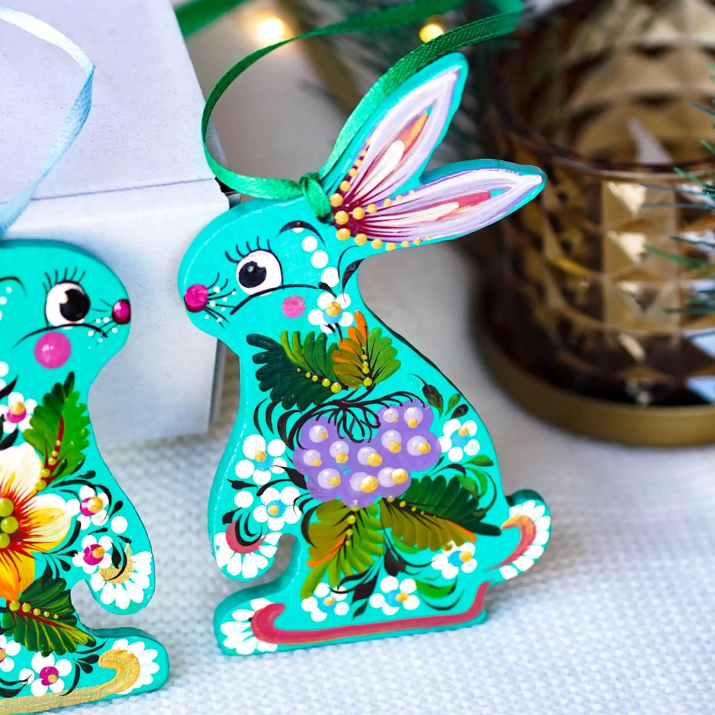 Painted Wooden Bunny Easter Ornament with Petrykivka Art