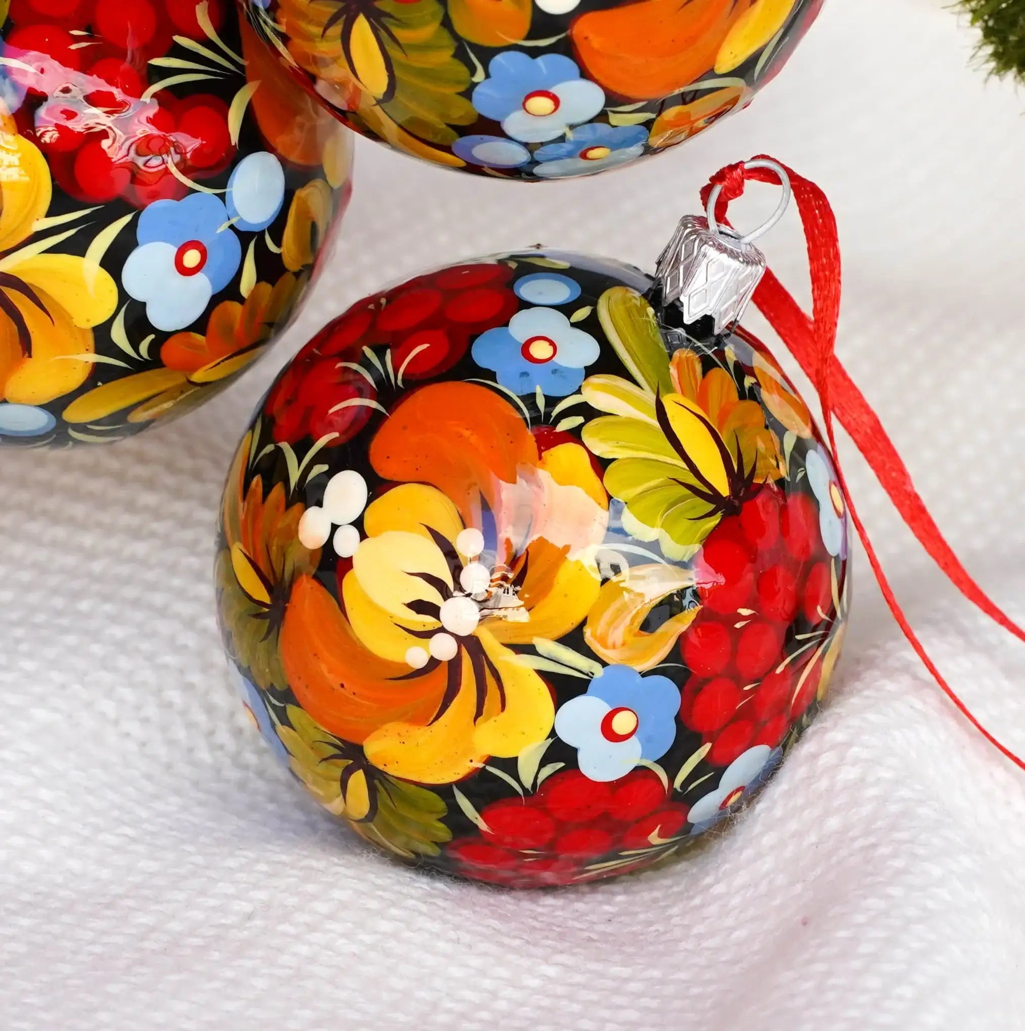 Hand-painted Set of 4 Red Flower Christmas Ball Ornaments 2.4 in - Handmade Christmas Tree Decorations, Petrykivka Art