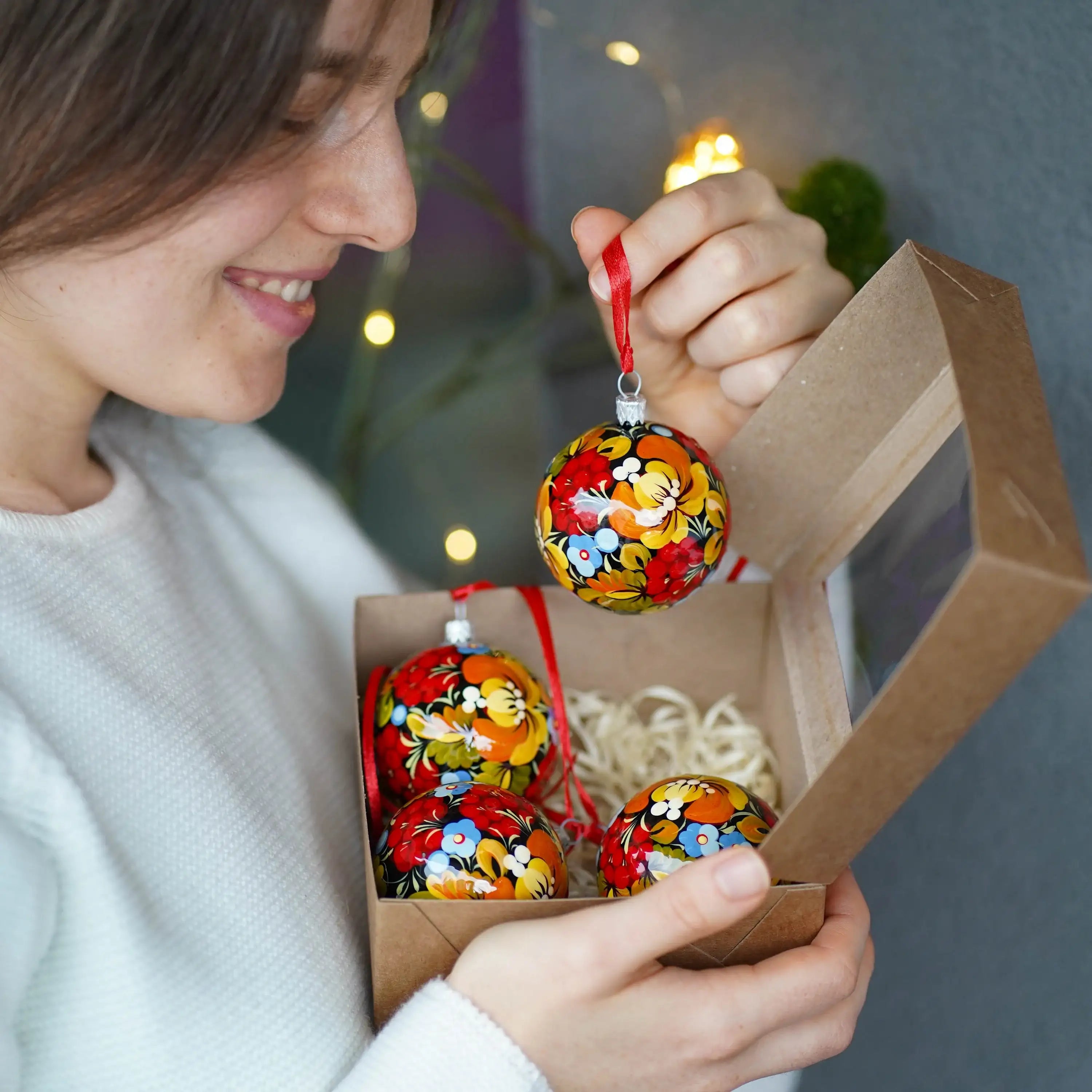 Hand-painted Set of 4 Red Flower Christmas Ball Ornaments 2.4 in - Handmade Christmas Tree Decorations, Petrykivka Art