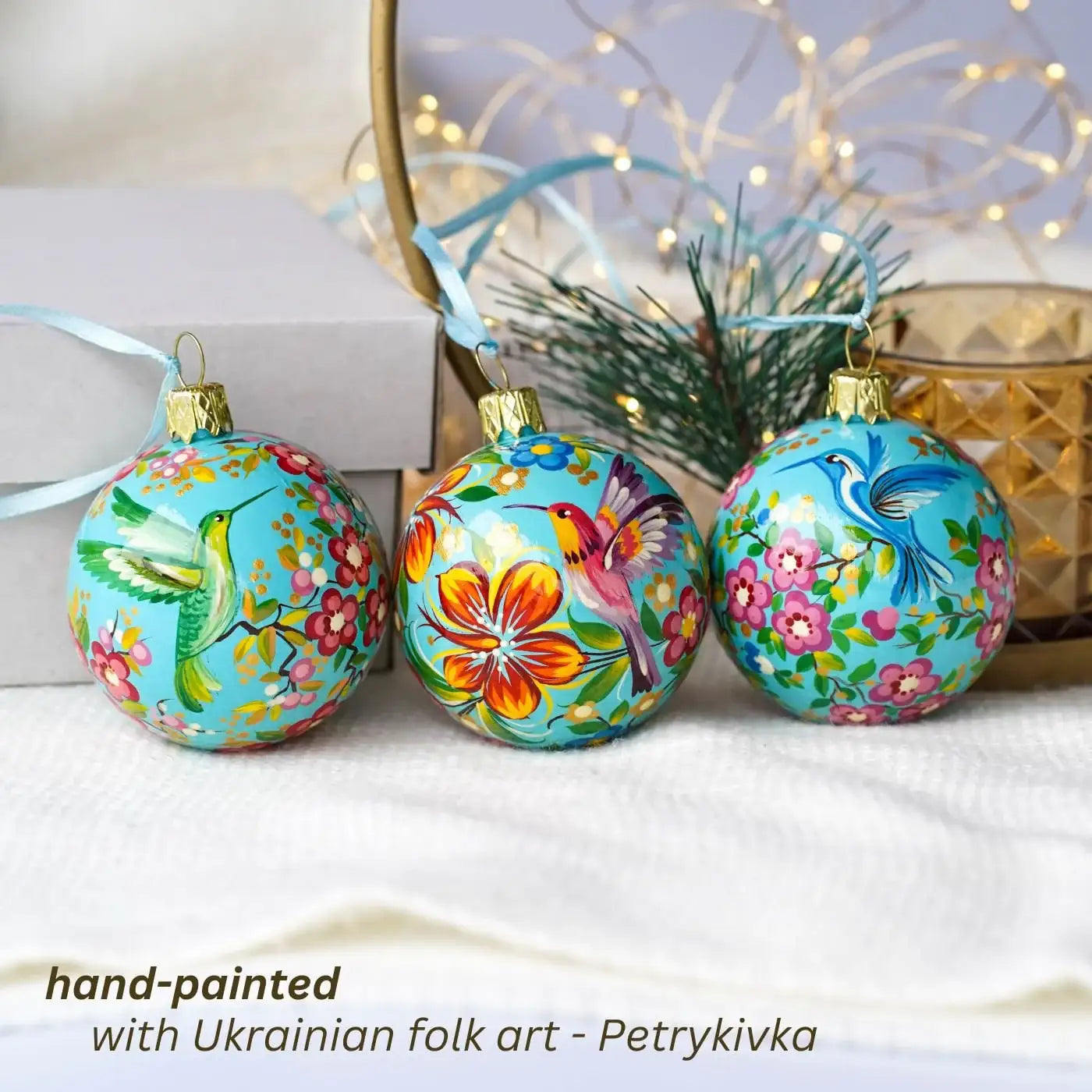 Hand-painted Set of 3 Hummingbird Christmas Ornaments Balls 2.4 in - Handmade Artisanal Christmas Tree Decorations, Petrykivka Art