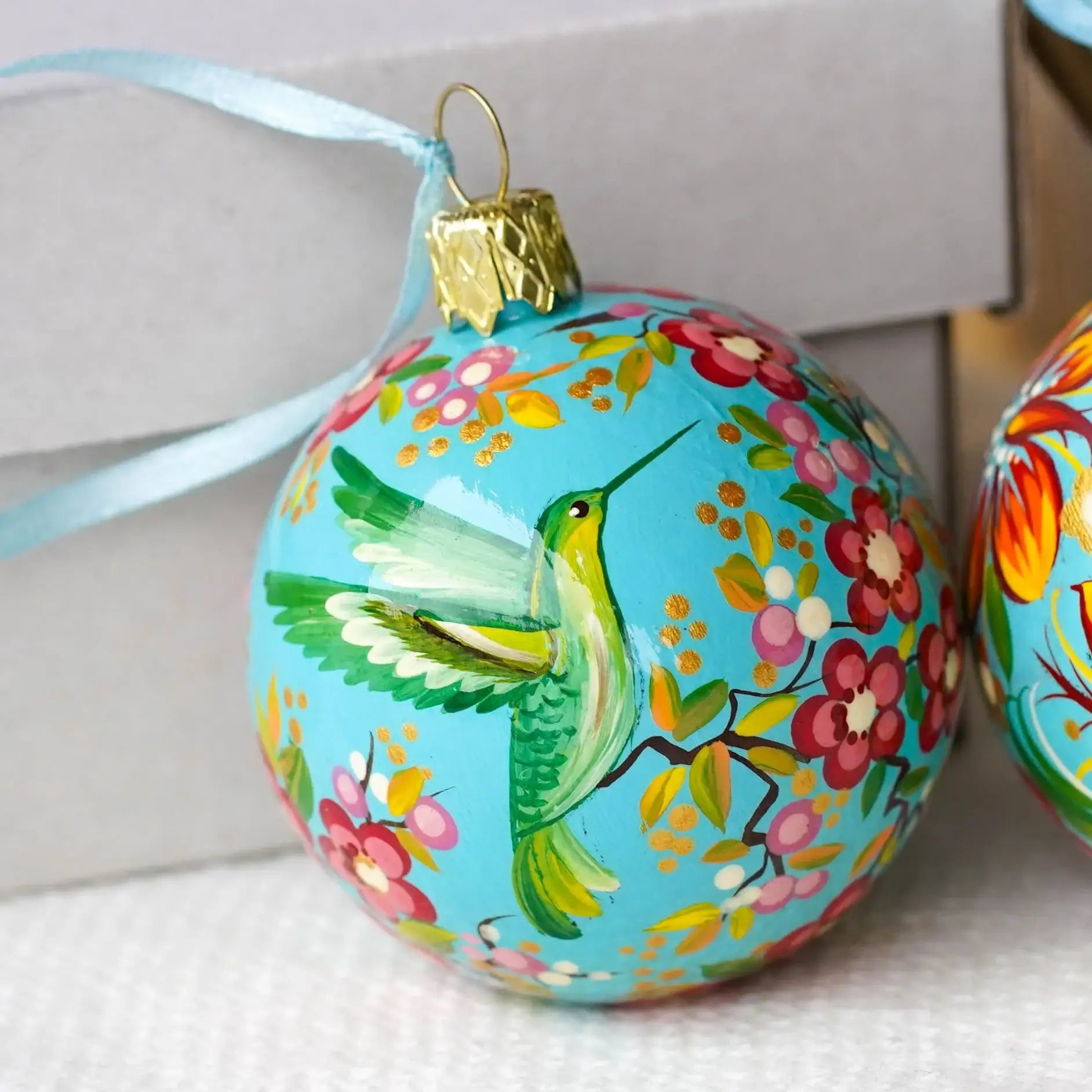 Hand-painted Set of 3 Hummingbird Christmas Ornaments Balls 2.4 in - Handmade Artisanal Christmas Tree Decorations, Petrykivka Art