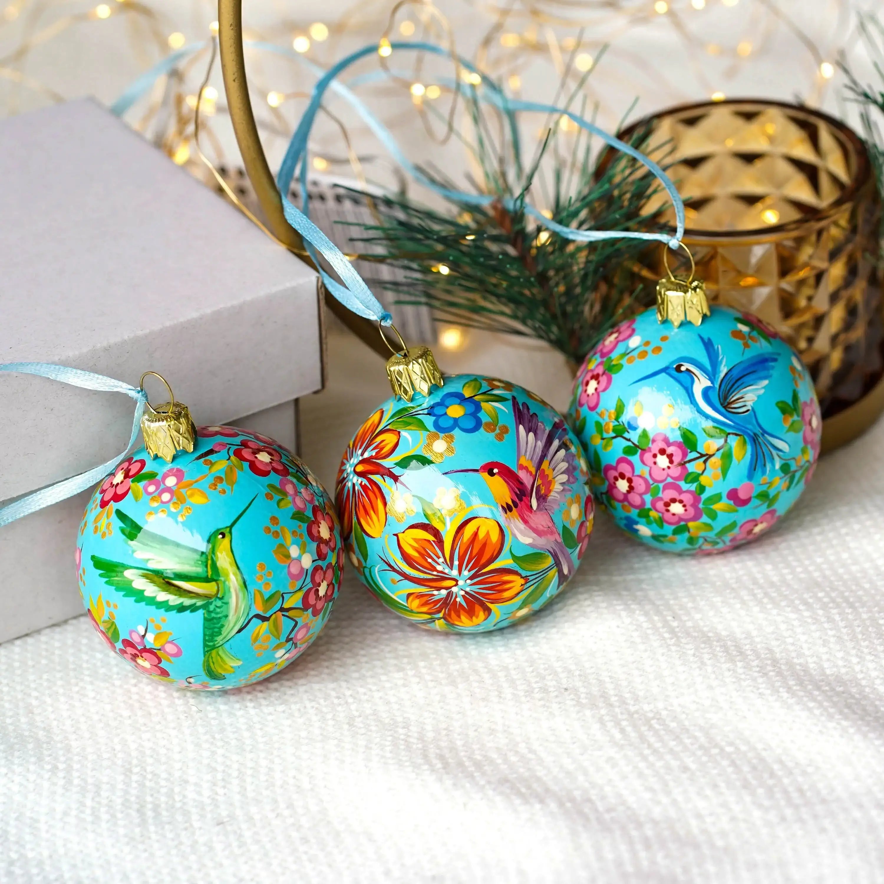 Hand-painted Set of 3 Hummingbird Christmas Ornaments Balls 2.4 in - Handmade Artisanal Christmas Tree Decorations, Petrykivka Art