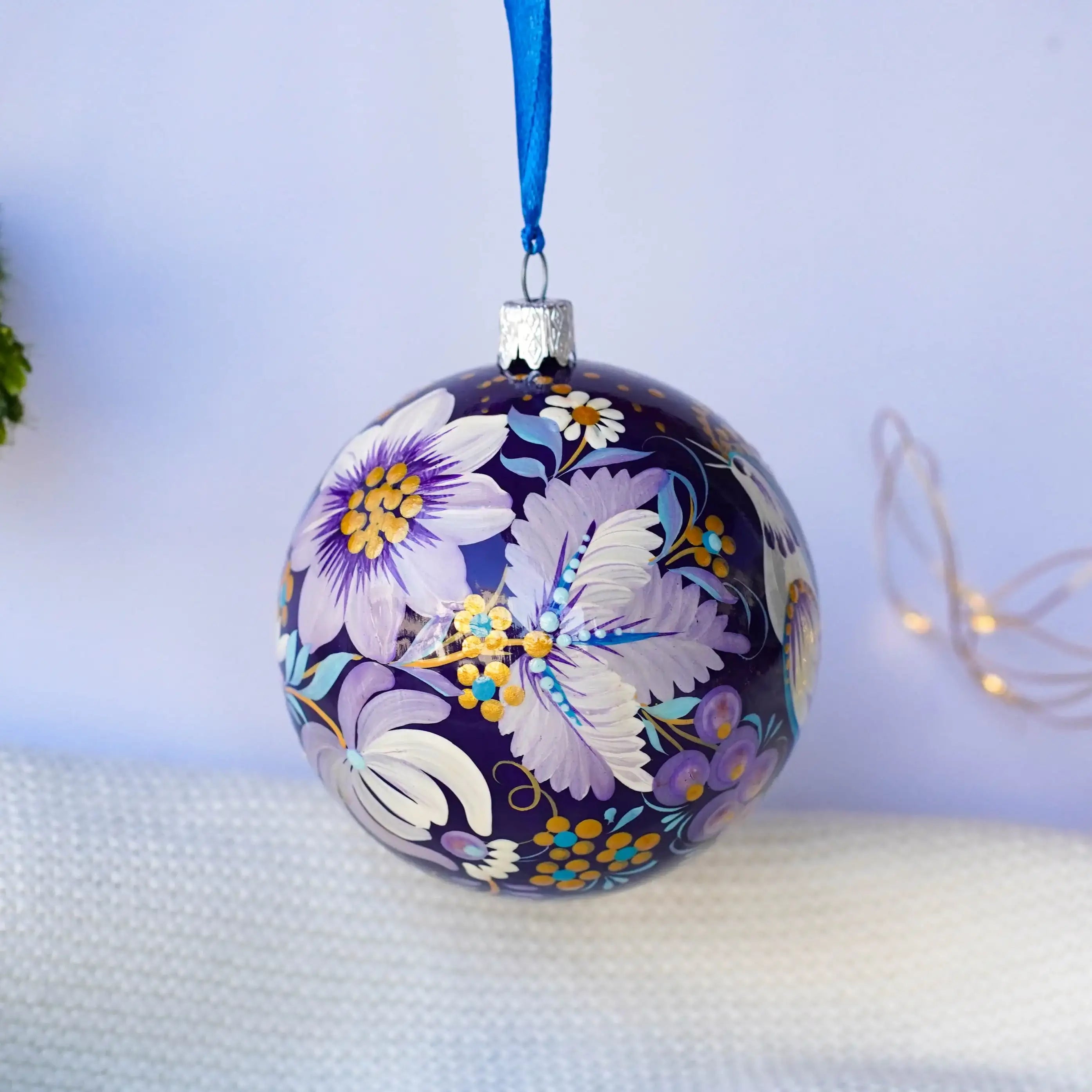 Painted Fairy Bird Christmas Ornament Ball 3.14 in - Handmade Purple Christmas Tree Decoration, Petrykivka Art