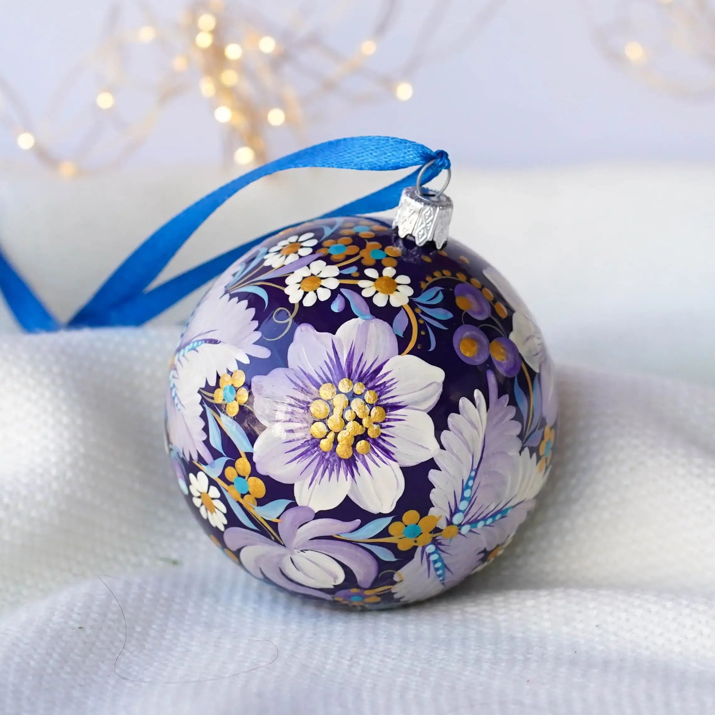 Painted Fairy Bird Christmas Ornament Ball 3.14 in - Handmade Purple Christmas Tree Decoration, Petrykivka Art