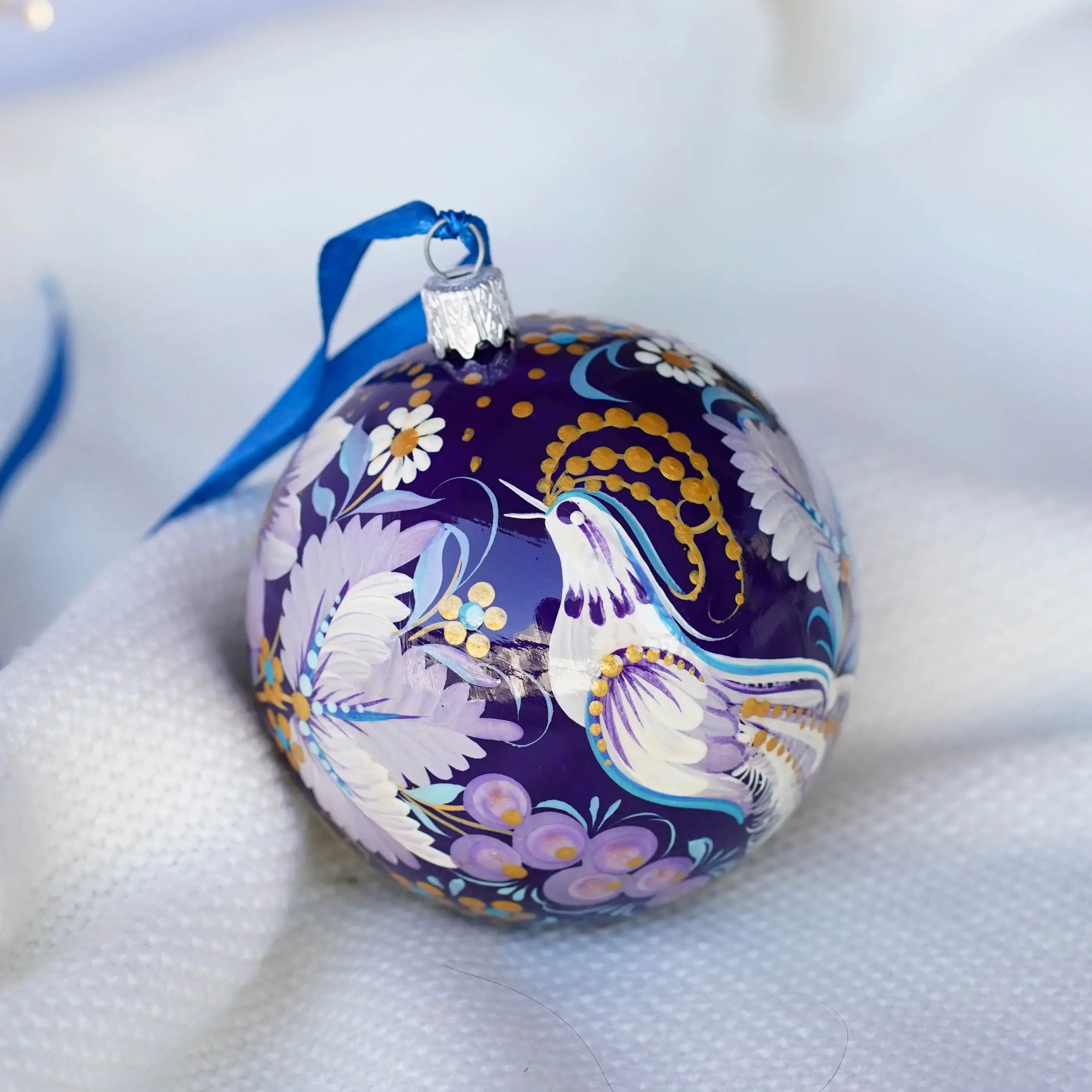 Painted Fairy Bird Christmas Ornament Ball 3.14 in - Handmade Purple Christmas Tree Decoration, Petrykivka Art