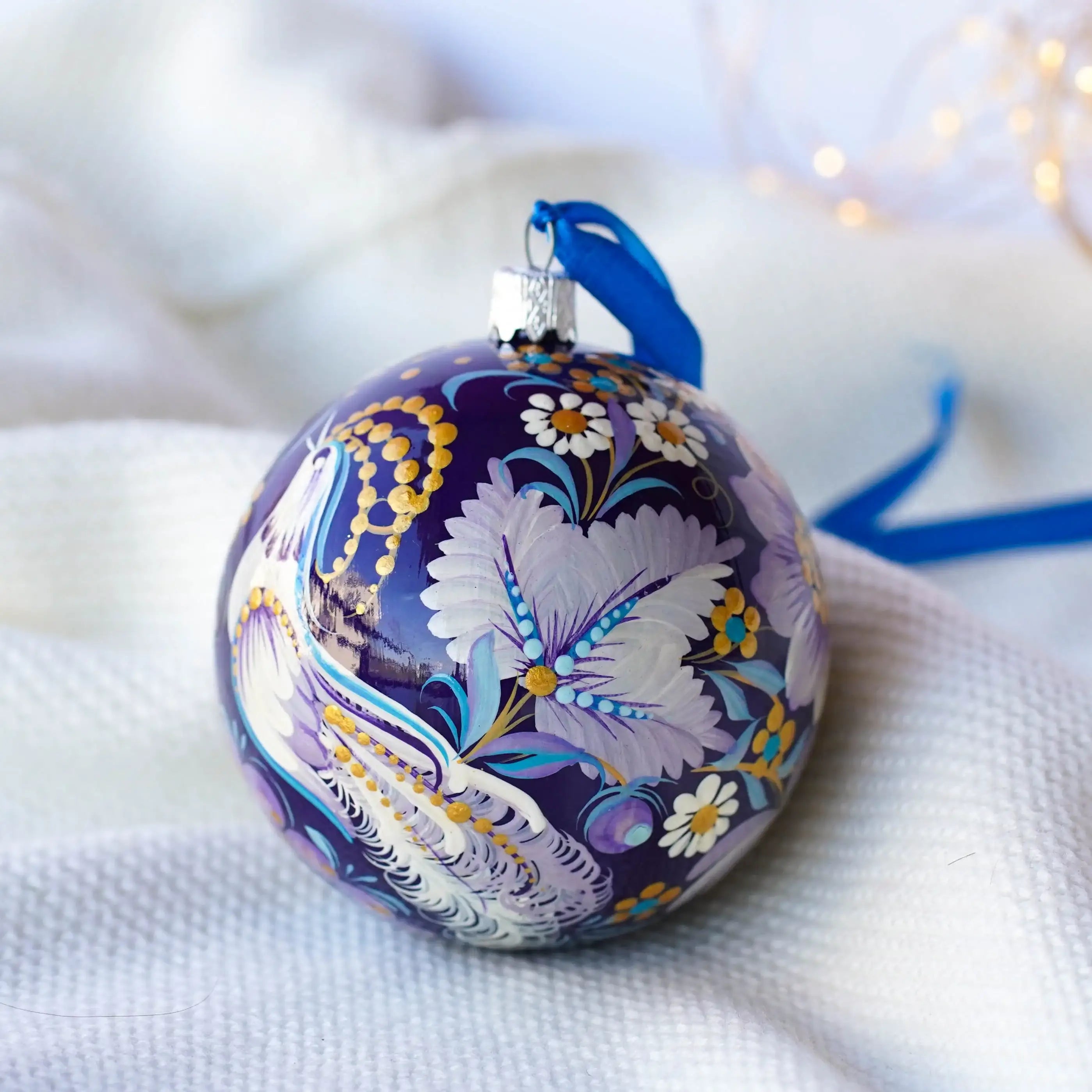 Painted Fairy Bird Christmas Ornament Ball 3.14 in - Handmade Purple Christmas Tree Decoration, Petrykivka Art