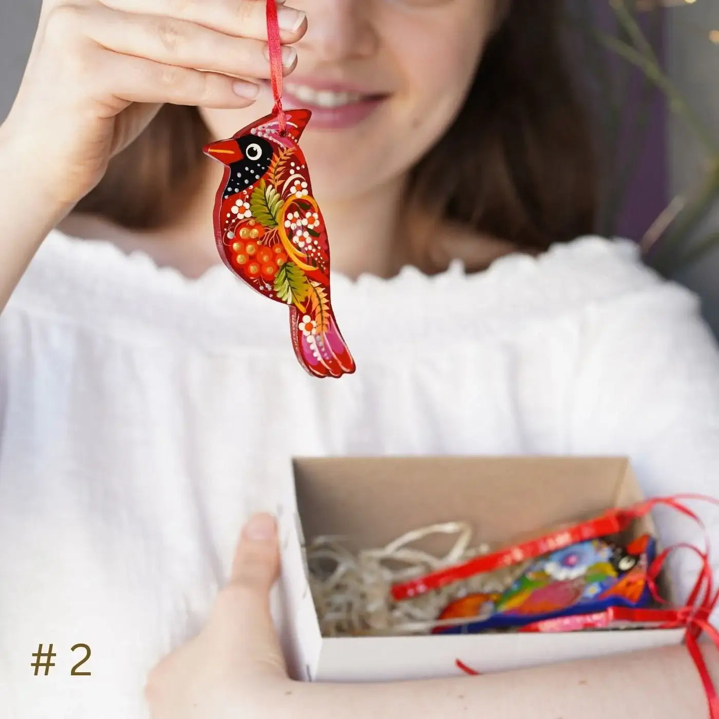 Handmade Wooden Red Cardinal Ukrainian ornament with Petrykivka painting