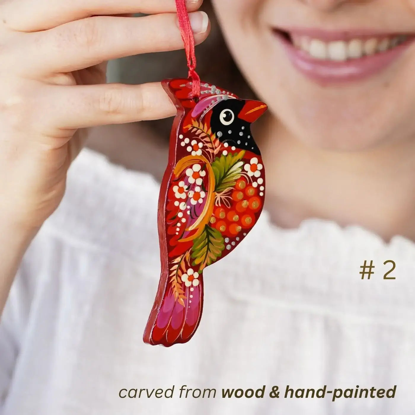 Handmade Wooden Red Cardinal Ukrainian ornament with Petrykivka painting