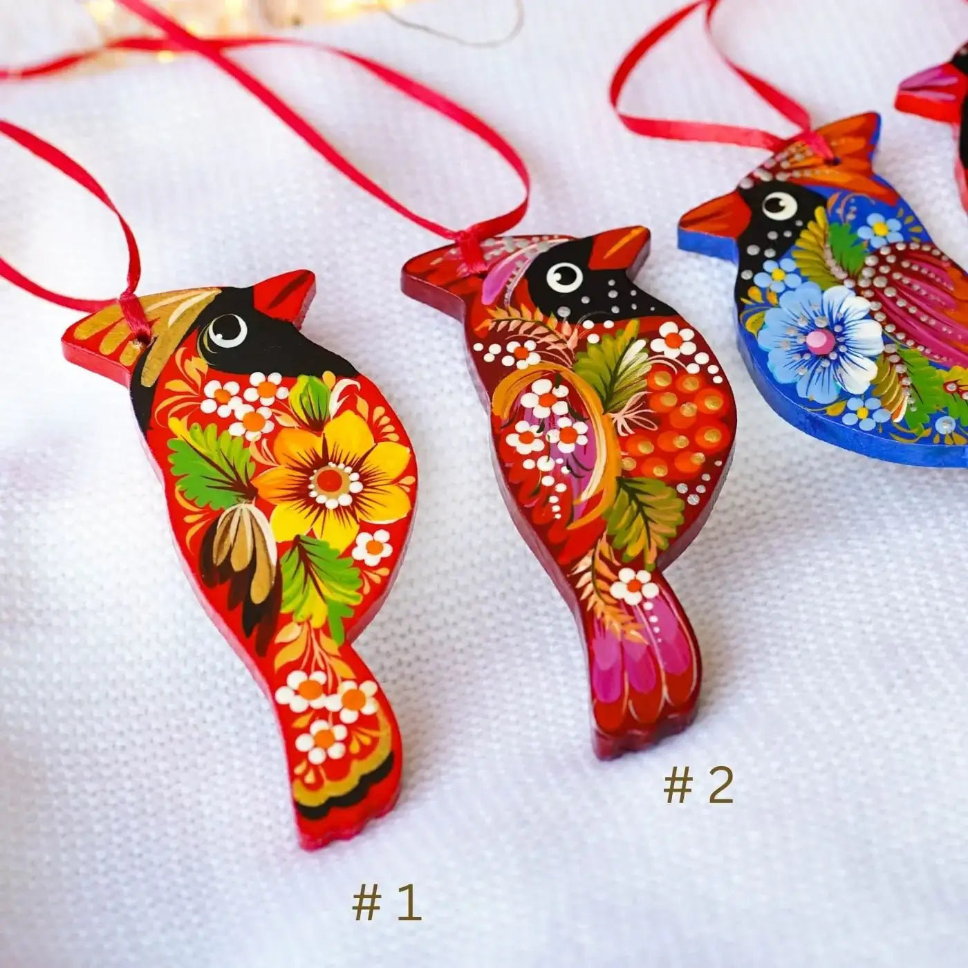 Handmade Wooden Red Cardinal Ukrainian ornament with Petrykivka painting