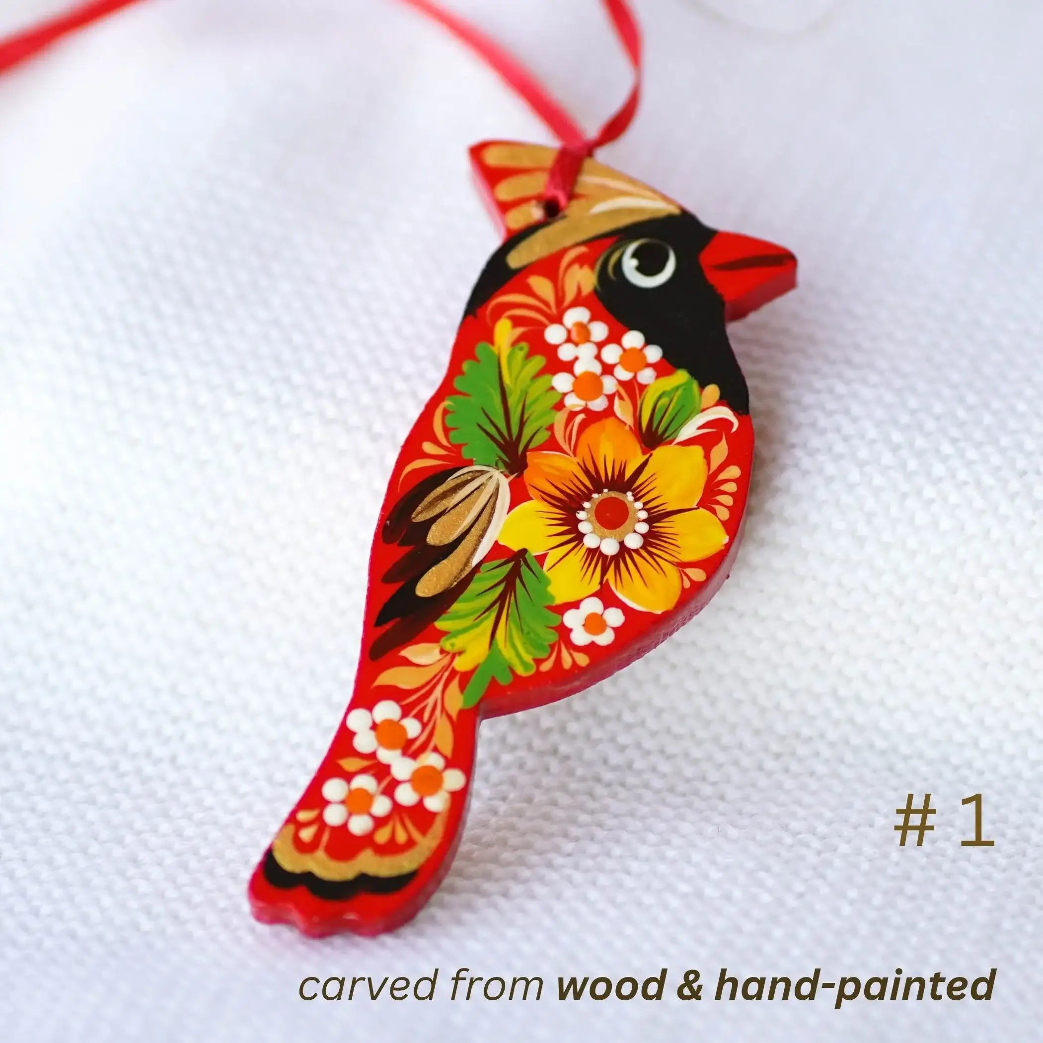 Handmade Wooden Red Cardinal Ukrainian ornament with Petrykivka painting