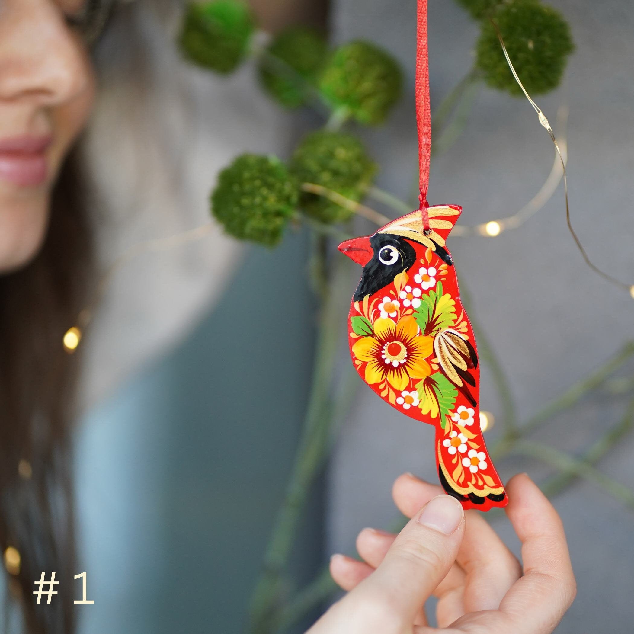 Handmade Wooden Red Cardinal Ukrainian ornament with Petrykivka painting