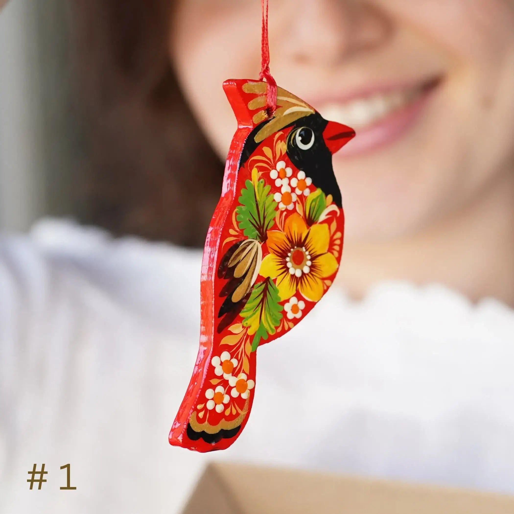 Handmade Wooden Red Cardinal Ukrainian ornament with Petrykivka painting