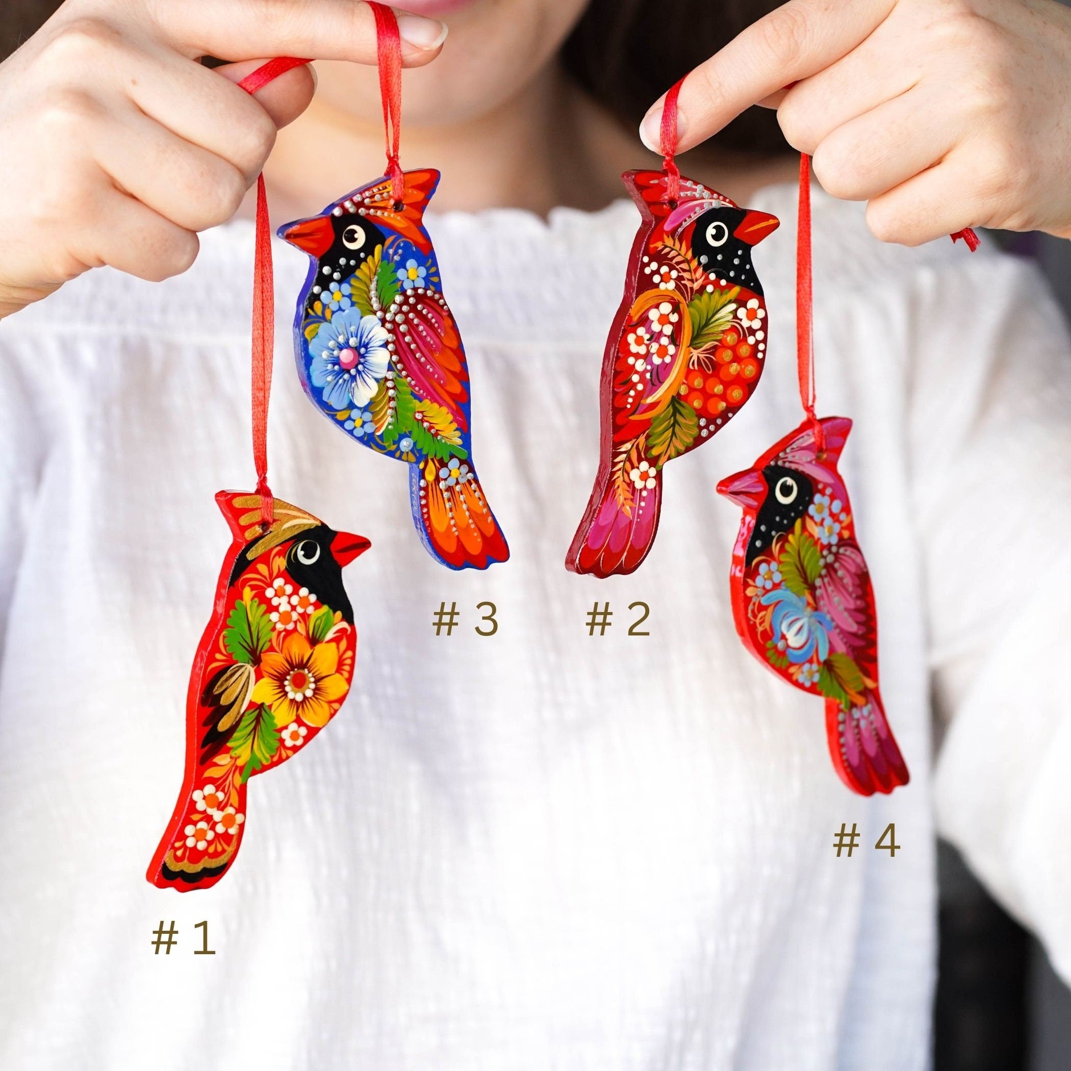 Handmade Wooden Red Cardinal Ukrainian ornament with Petrykivka painting