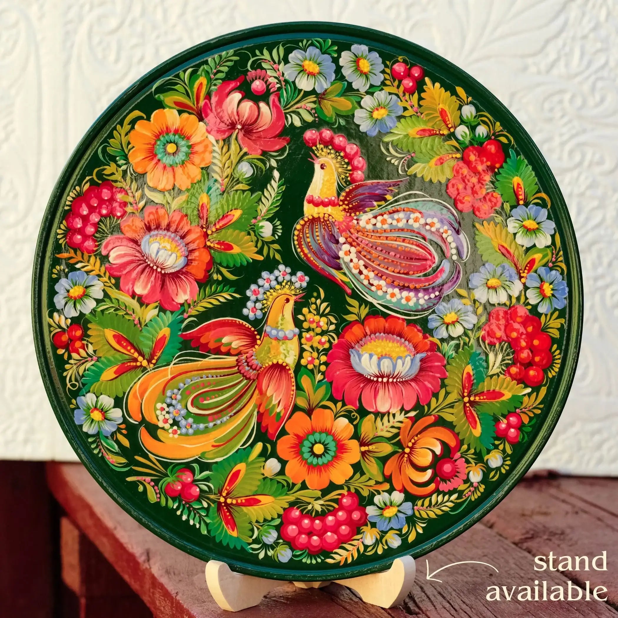 Painted Wooden Plate for Wall - Large Emerald Green Petrykivka Painting Decorative Plate