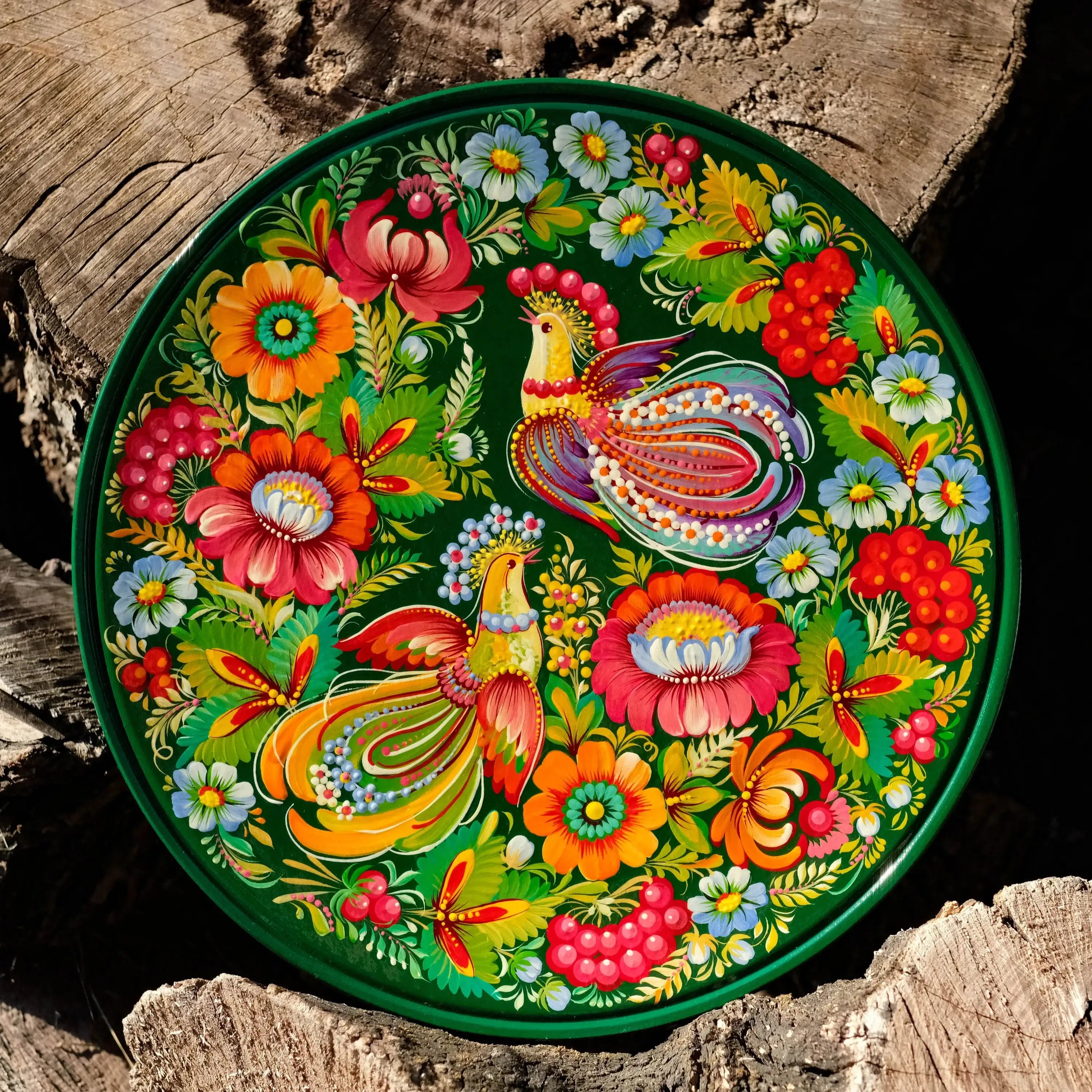 Painted Wooden Plate for Wall - Large Emerald Green Petrykivka Painting Decorative Plate