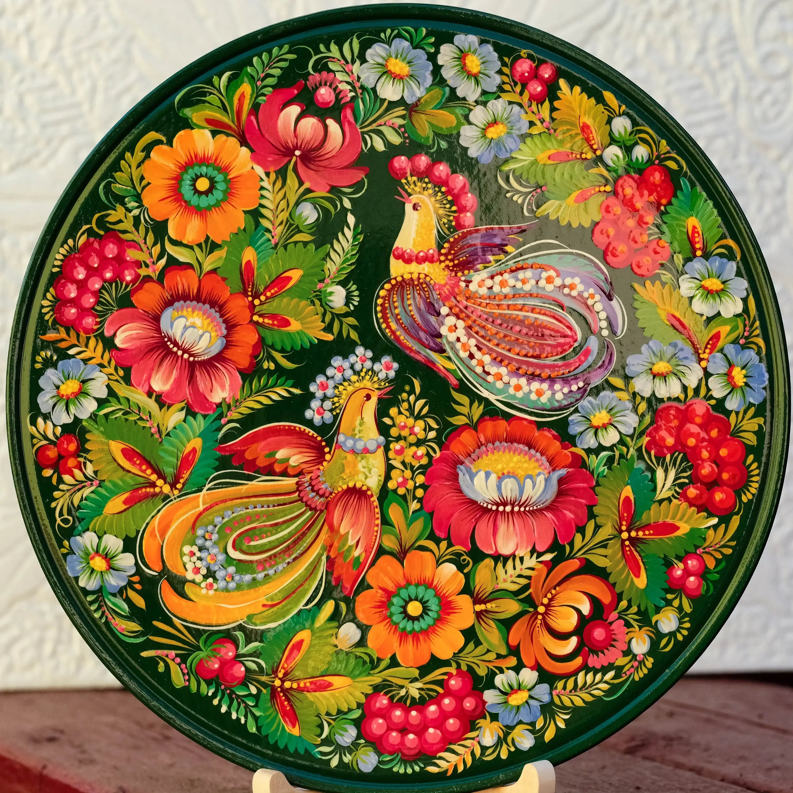 Painted Wooden Plate for Wall - Large Emerald Green Petrykivka Painting Decorative Plate