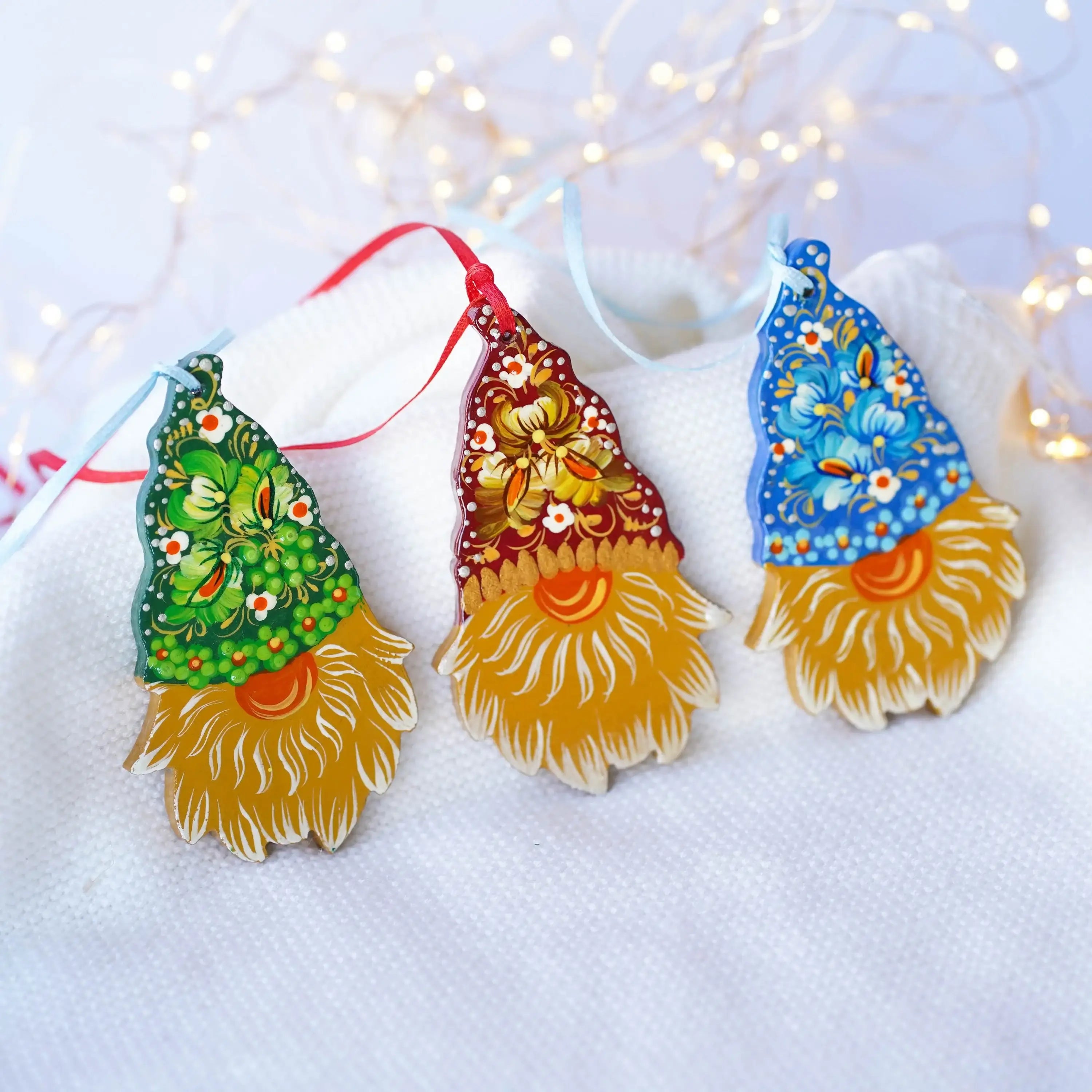 Gnome ornament set of 3 pcs - Hand painted wooden Christmas ornaments, Gift-wrapped