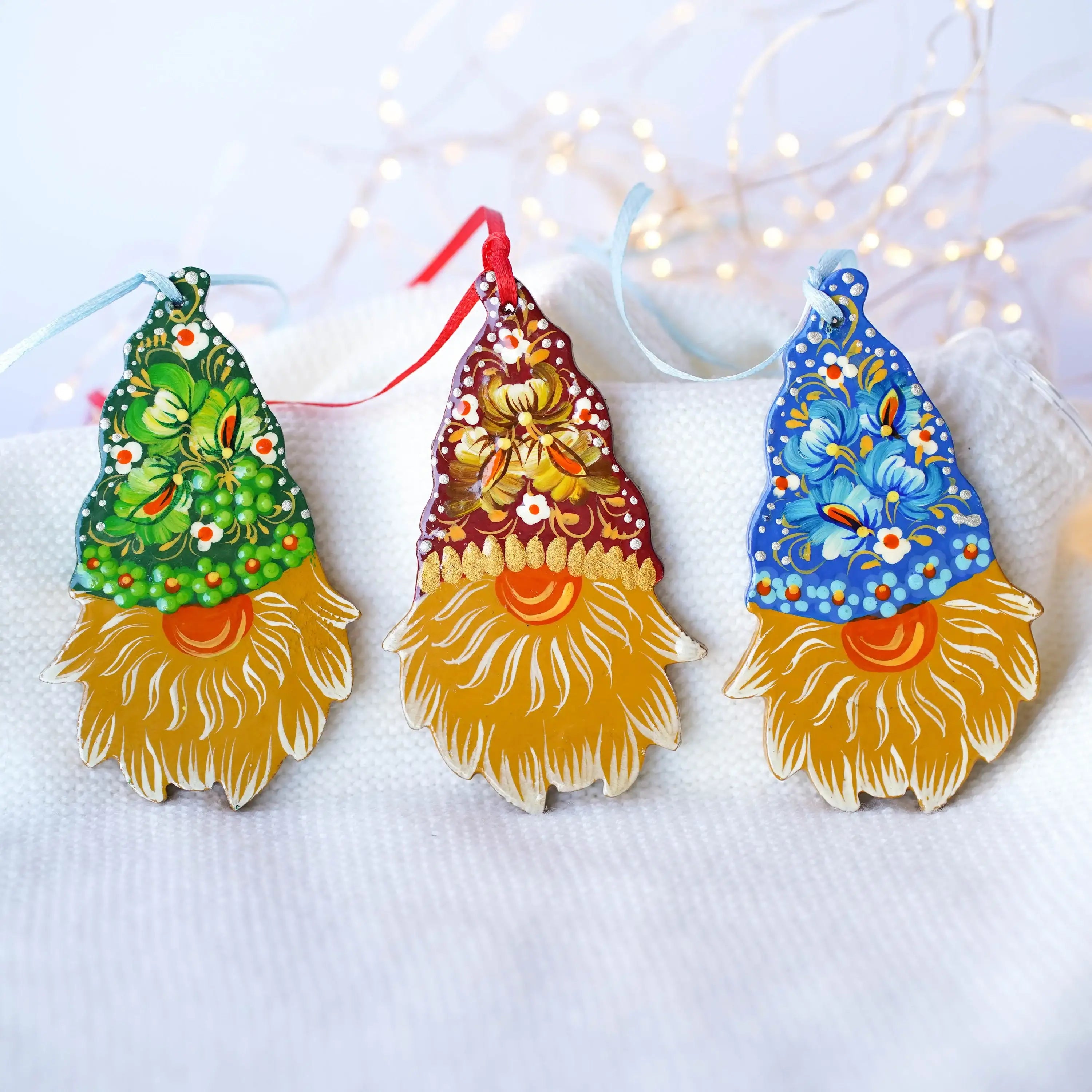 Gnome ornament set of 3 pcs - Hand painted wooden Christmas ornaments, Gift-wrapped
