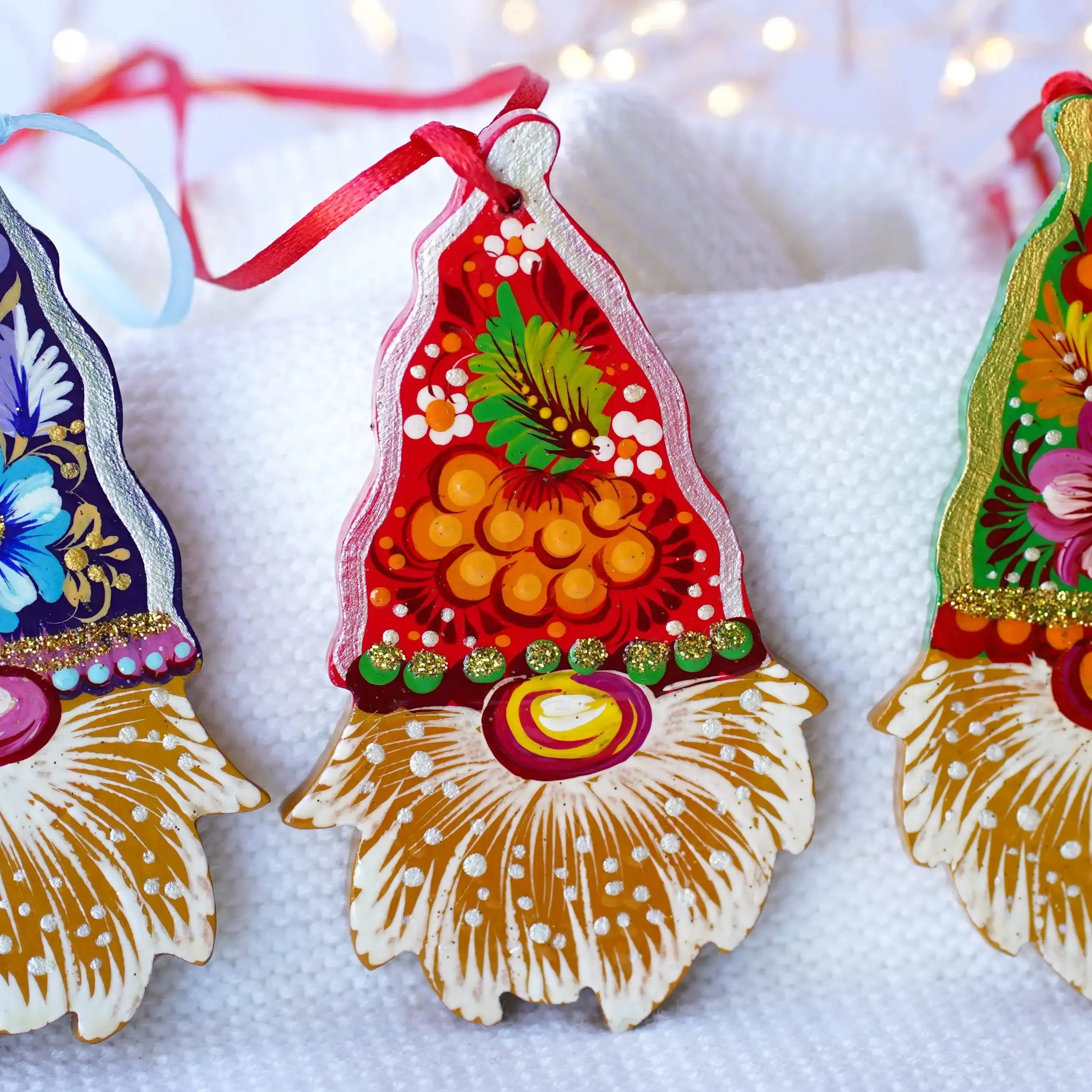 Set of 3 Gnome Ornaments Hand-painted with Petrykivka art, Gift-wrapped