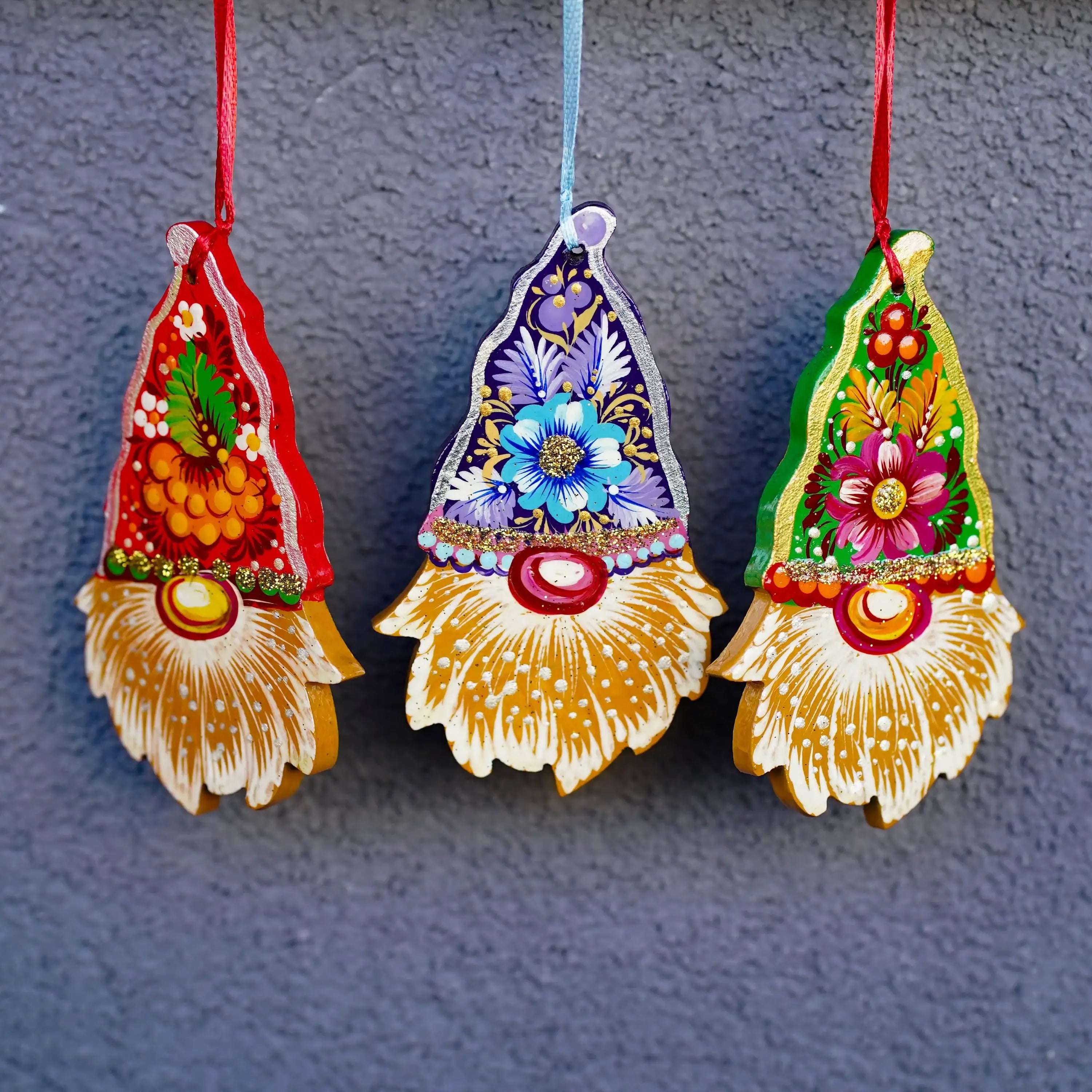 Set of 3 Gnome Ornaments Hand-painted with Petrykivka art, Gift-wrapped