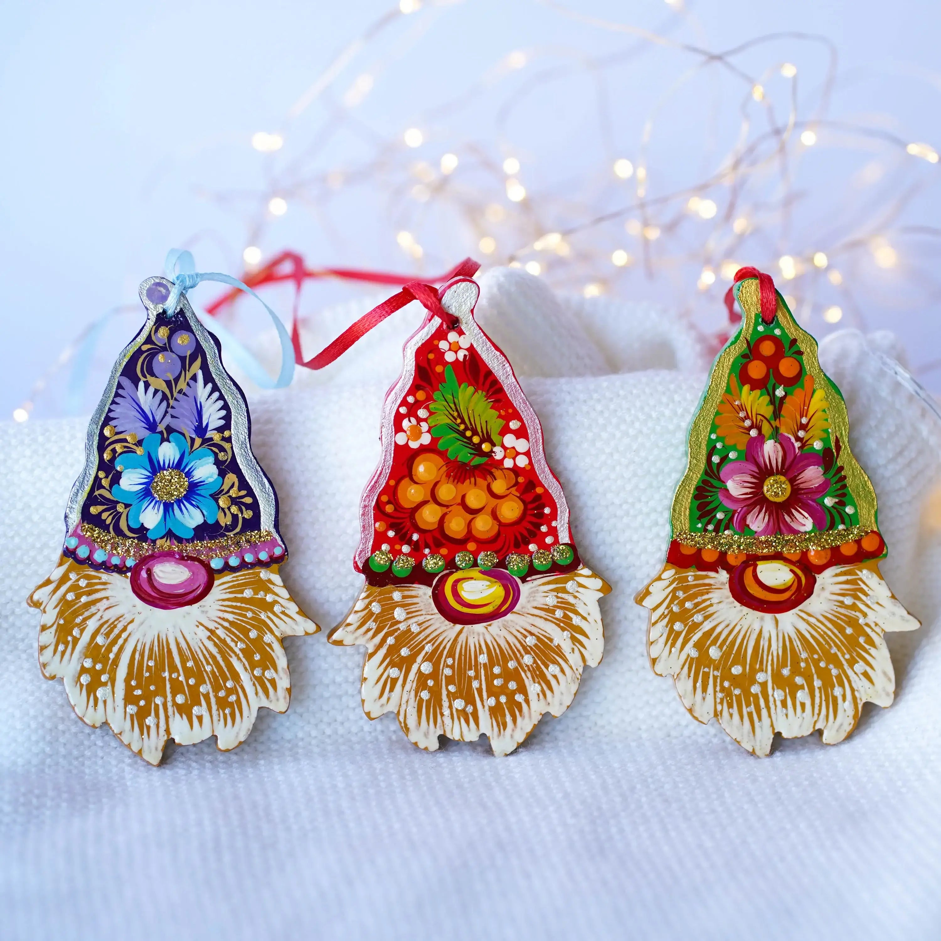 Set of 3 Gnome Ornaments Hand-painted with Petrykivka art, Gift-wrapped