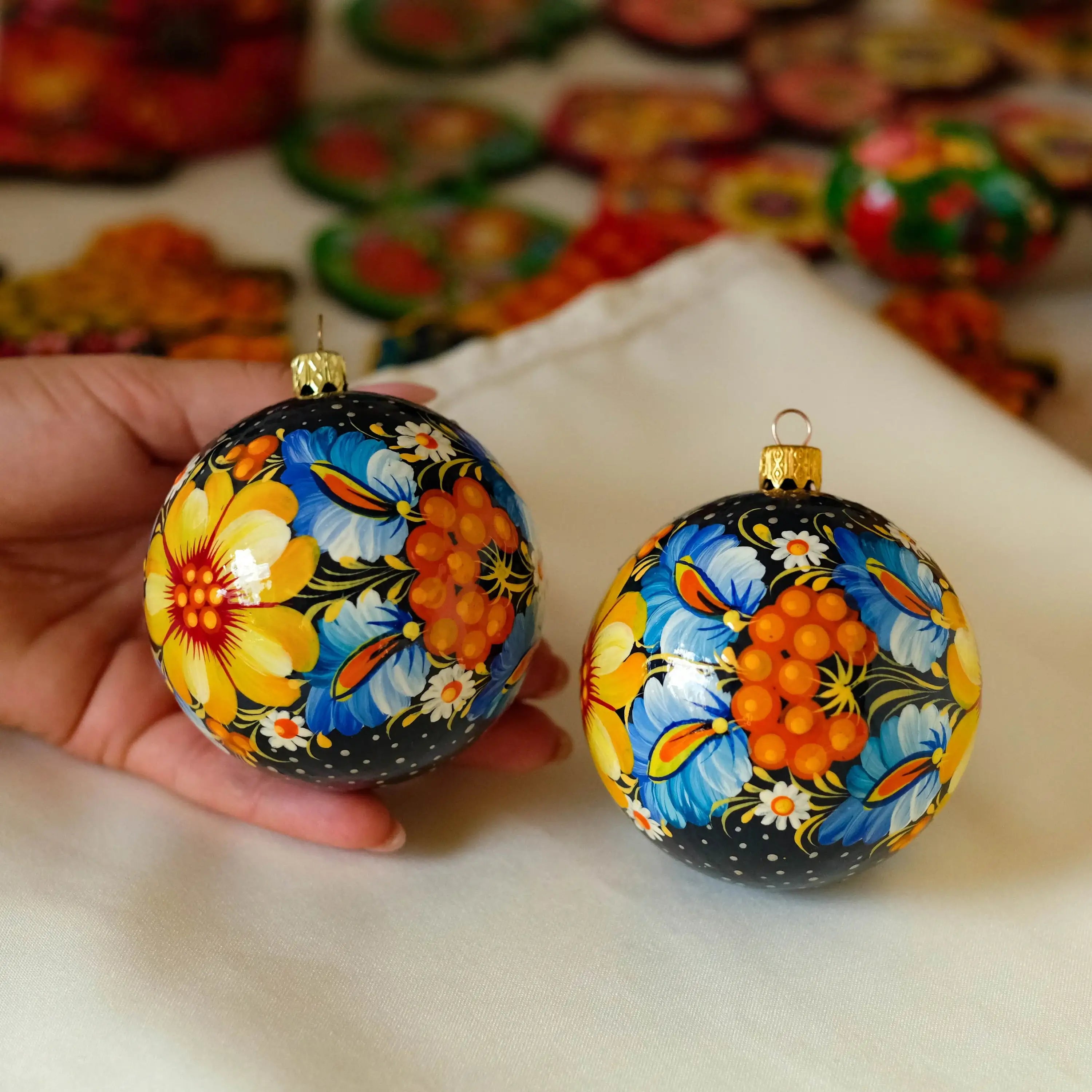Set of Hand-painted Ukrainian Christmas Ball Ornaments 2.4 in, Gift-wrapped