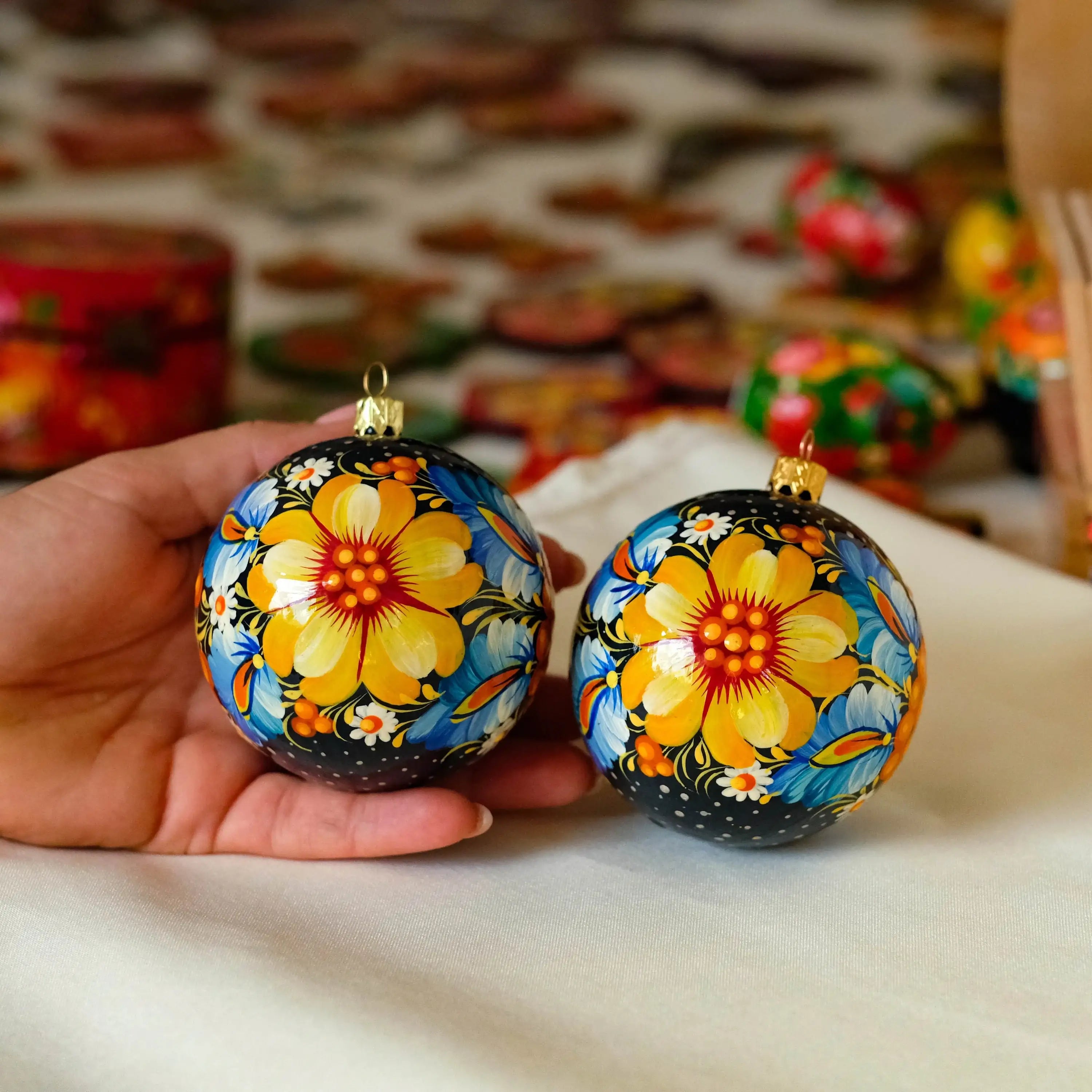 Set of Hand-painted Ukrainian Christmas Ball Ornaments 2.4 in, Gift-wrapped