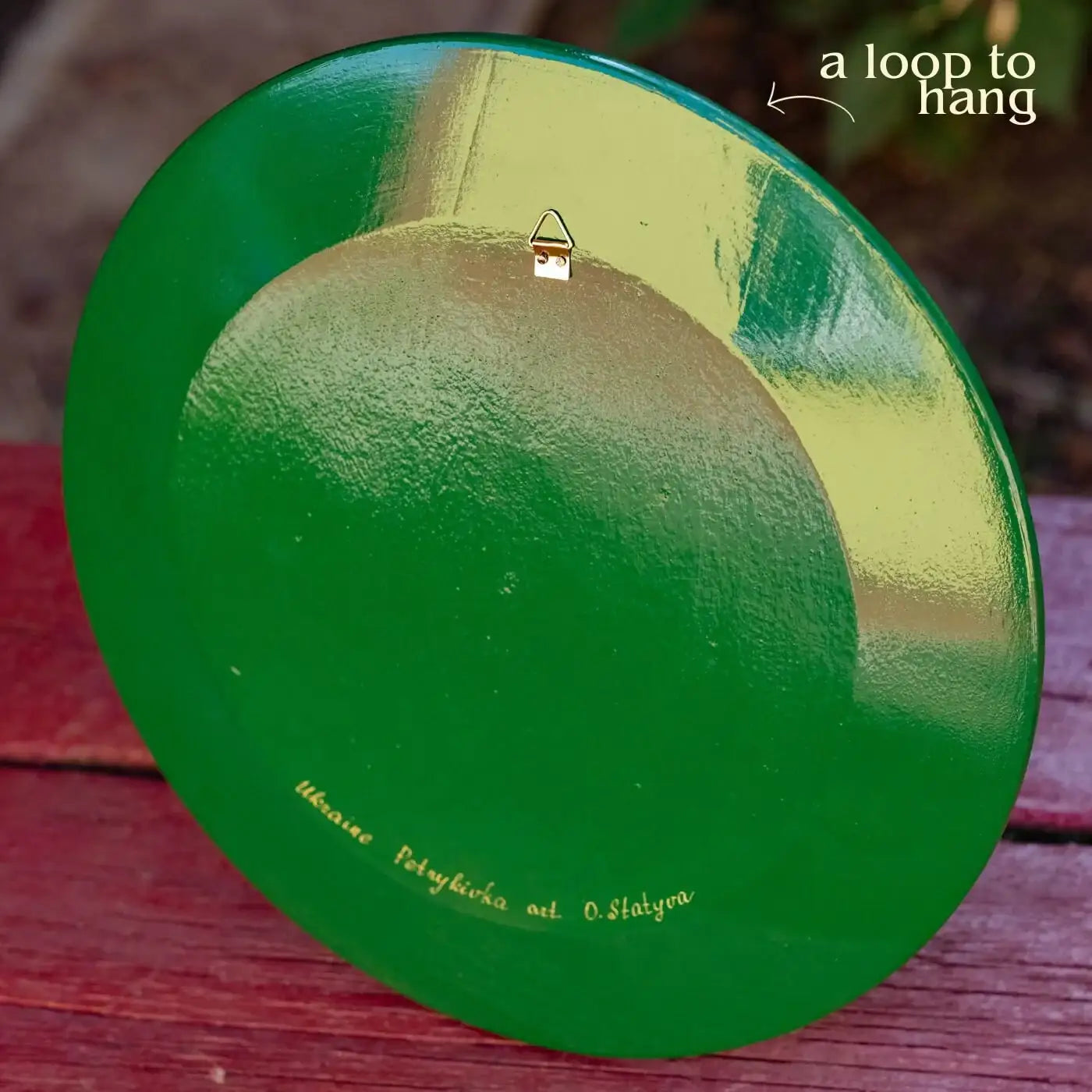 Painted Wooden Plate for Wall - Large Emerald Green Petrykivka Painting Decorative Plate