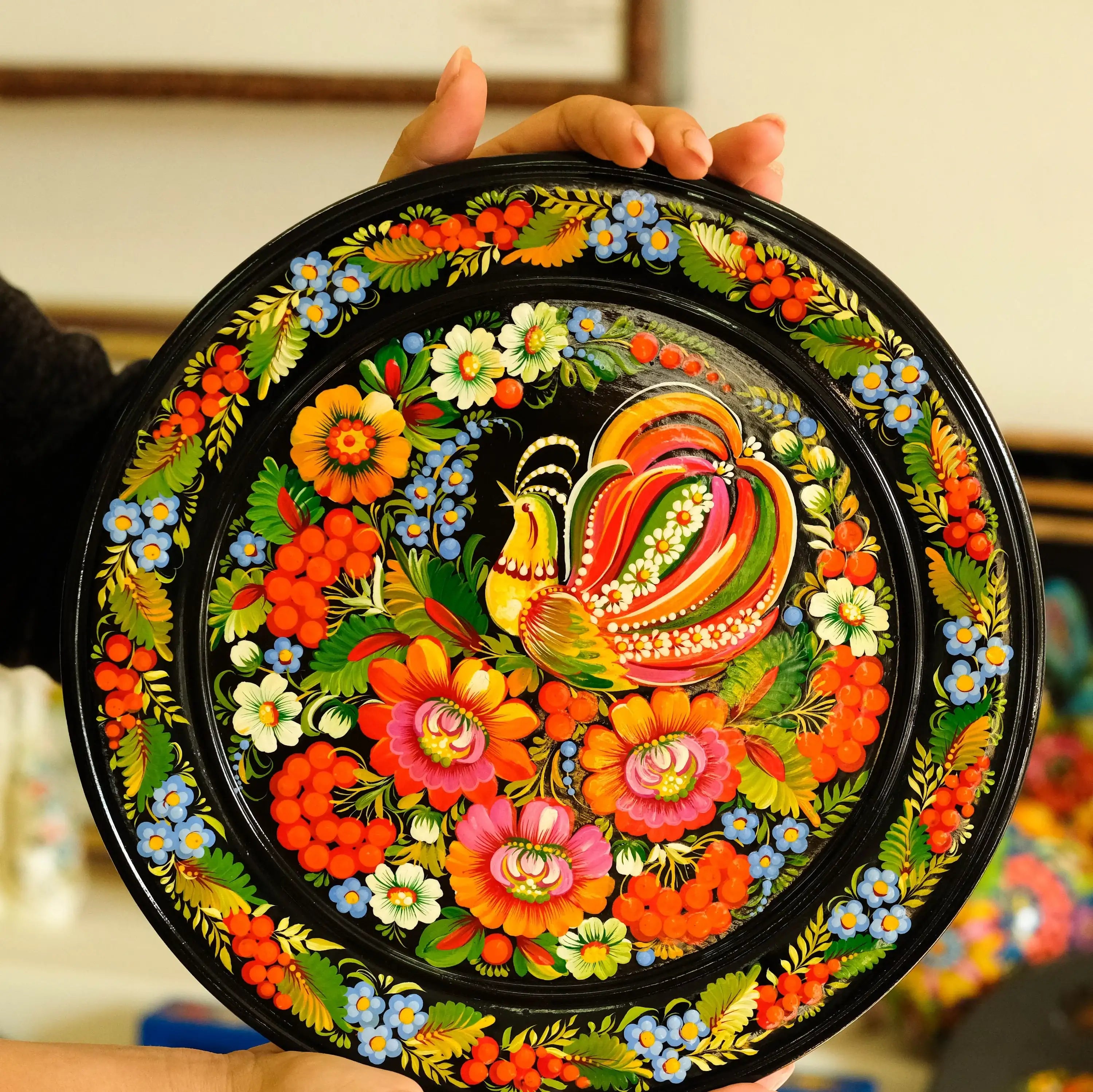 Personalized painted wooden Petrykivka plate, Ukrainian fairy bird plate, Folk art decorative plate wood, Handmade Firebird wall plate large