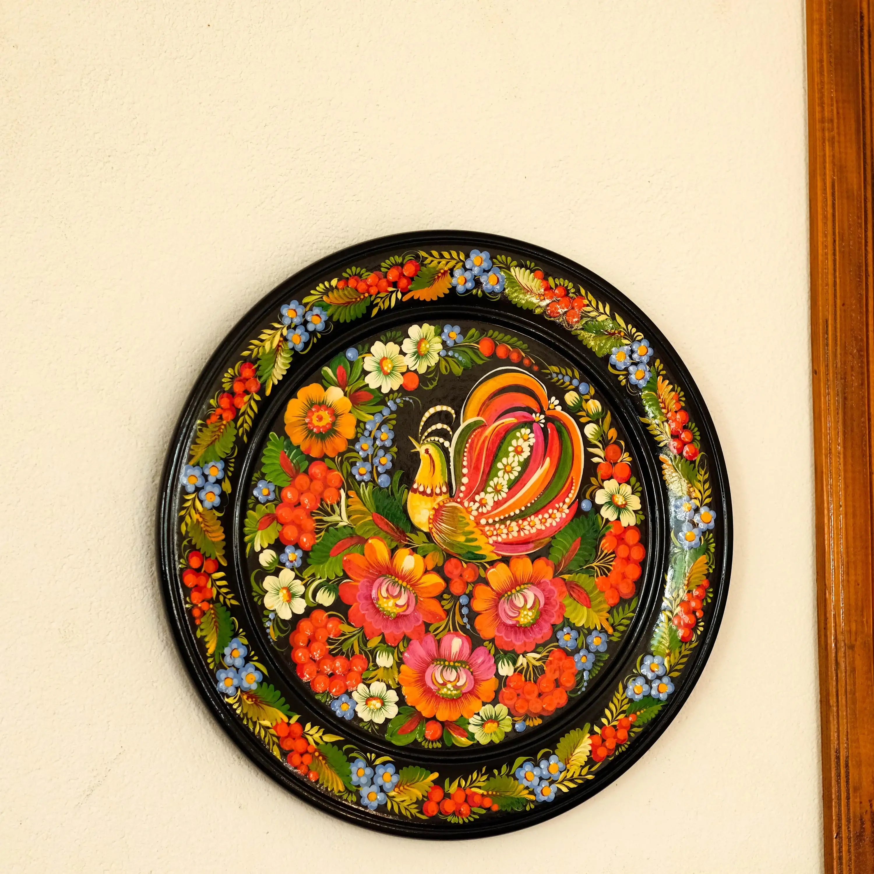 Personalized painted wooden Petrykivka plate, Ukrainian fairy bird plate, Folk art decorative plate wood, Handmade Firebird wall plate large