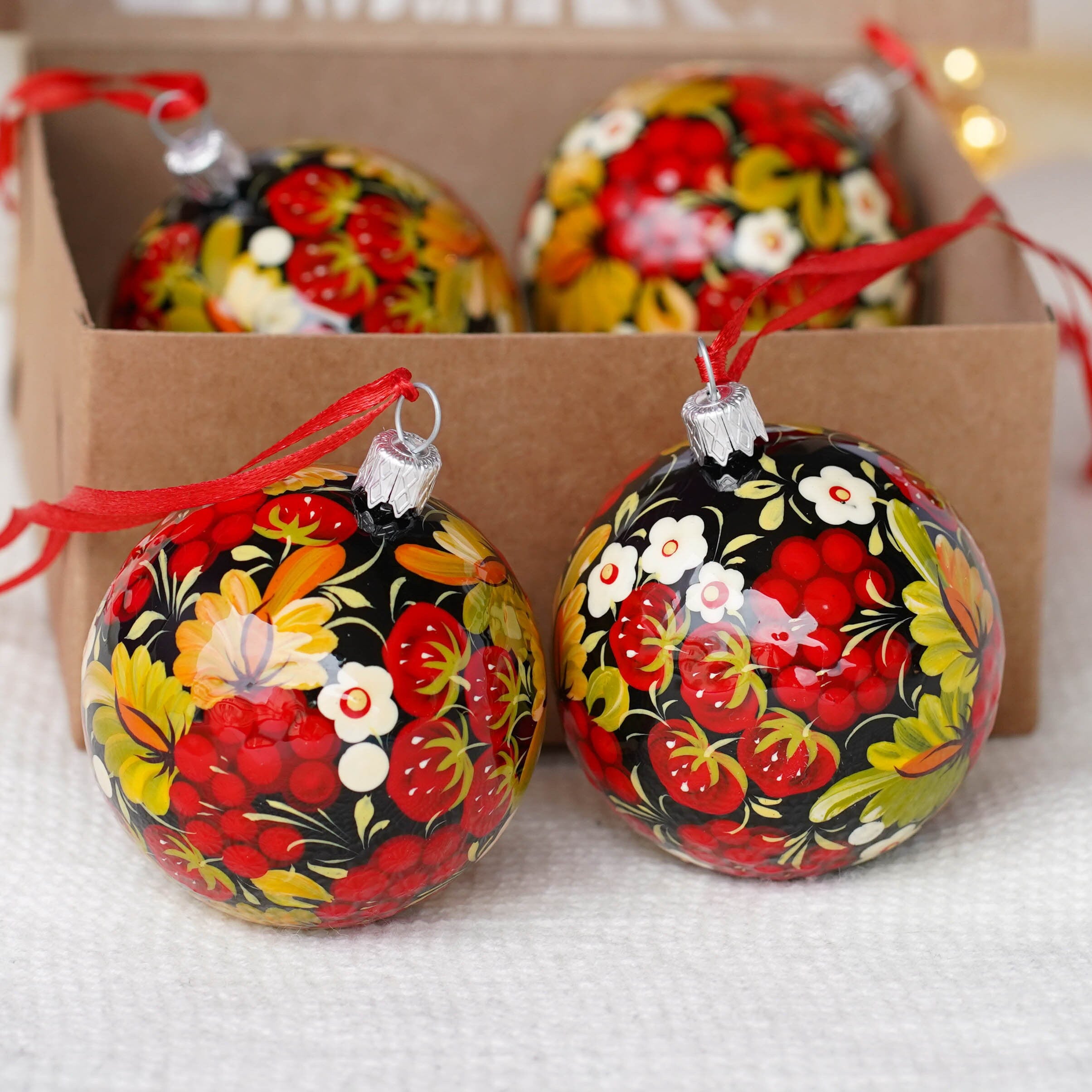 Painted Set of 4 Red Flower Ukrainian Christmas Ball Ornaments 2.4 in - Unique Handmade Christmas Tree Decorations, Petrykivka Art