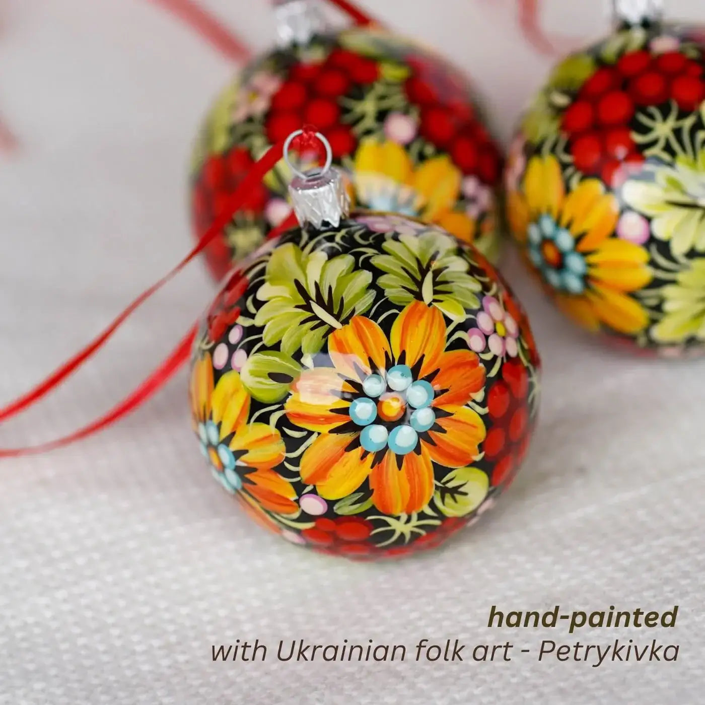 Hand-painted Set of 4 Red Flower Petrykivka Christmas Ball Ornaments 2.4 in, Gift-wrapped