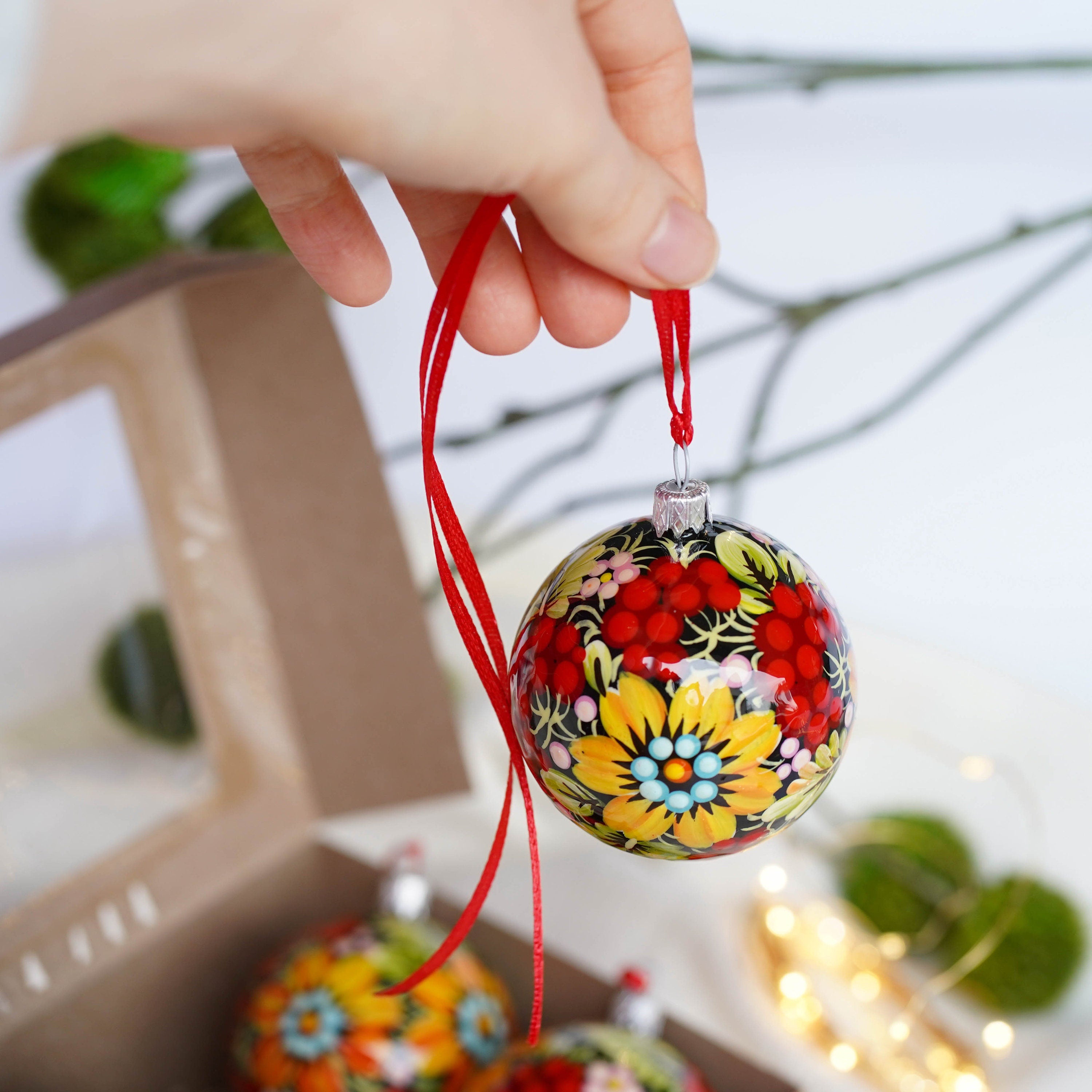 Hand-painted Set of 4 Red Flower Petrykivka Christmas Ball Ornaments 2.4 in, Gift-wrapped