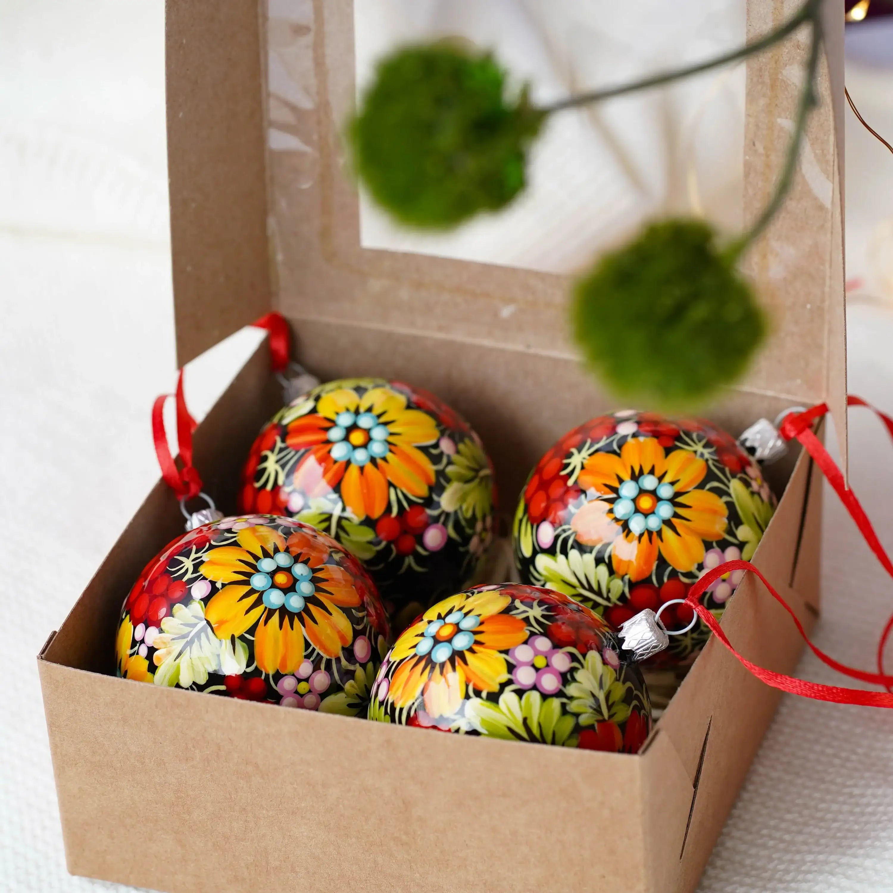 Hand-painted Set of 4 Red Flower Petrykivka Christmas Ball Ornaments 2.4 in, Gift-wrapped