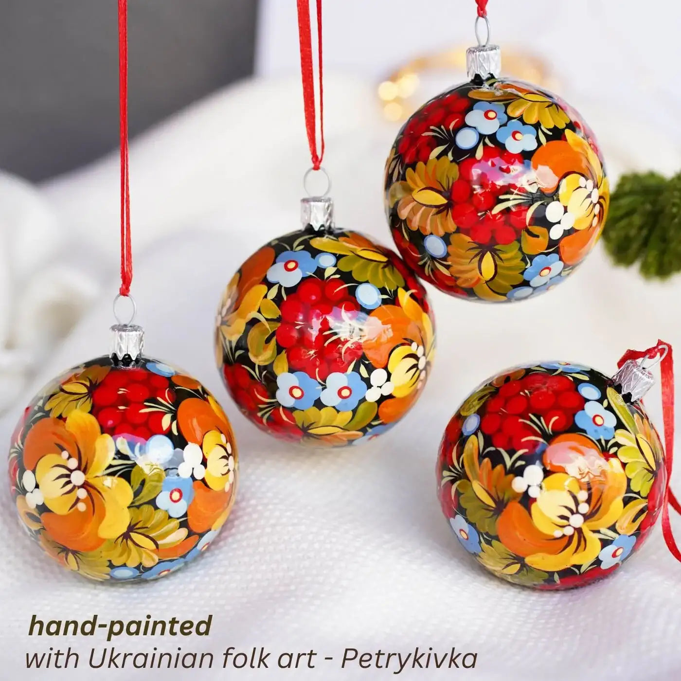 Hand-painted Set of 4 Red Flower Christmas Ball Ornaments 2.4 in - Handmade Christmas Tree Decorations, Petrykivka Art